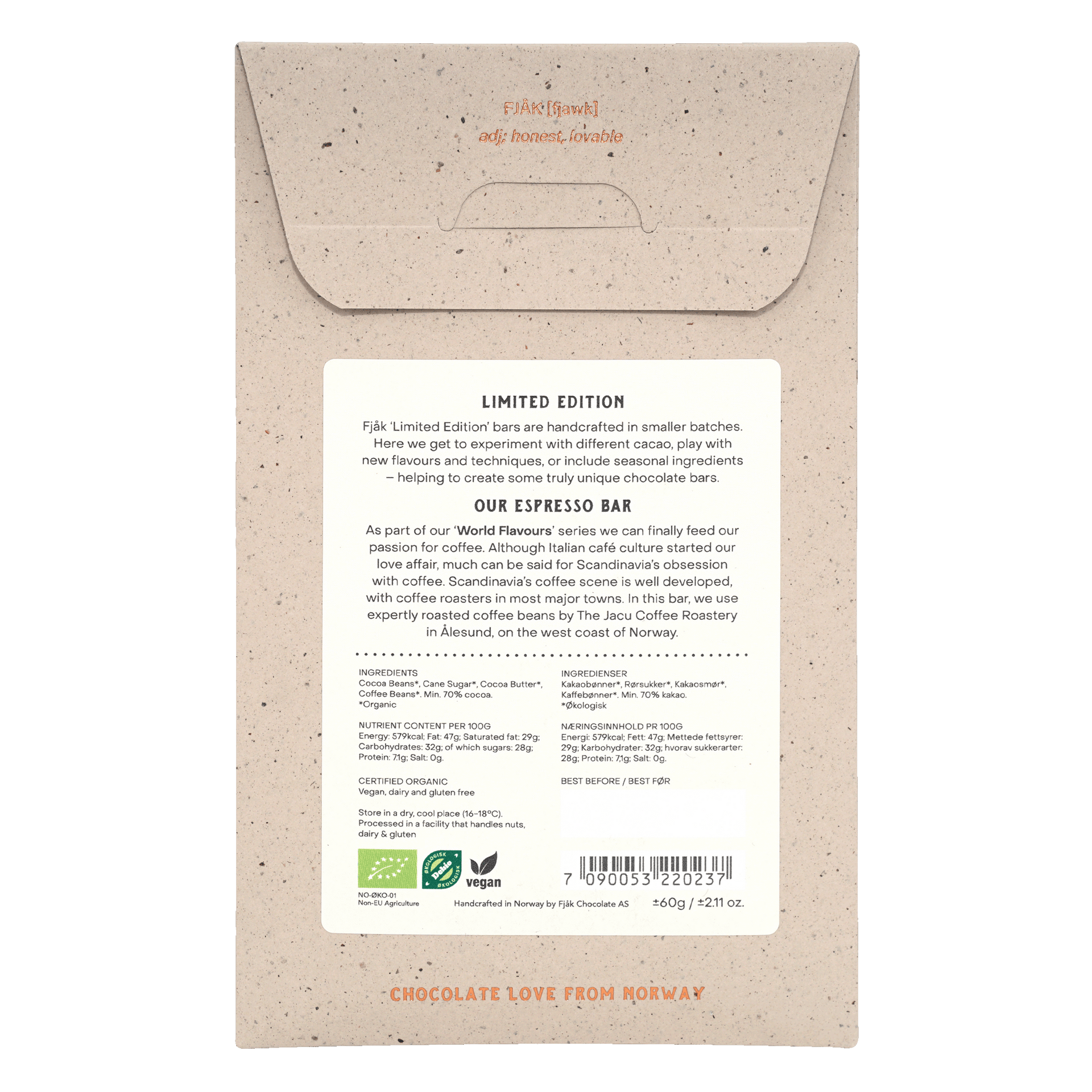Fjåk Espresso Dark Chocolate 70% limited edition beige wrapper