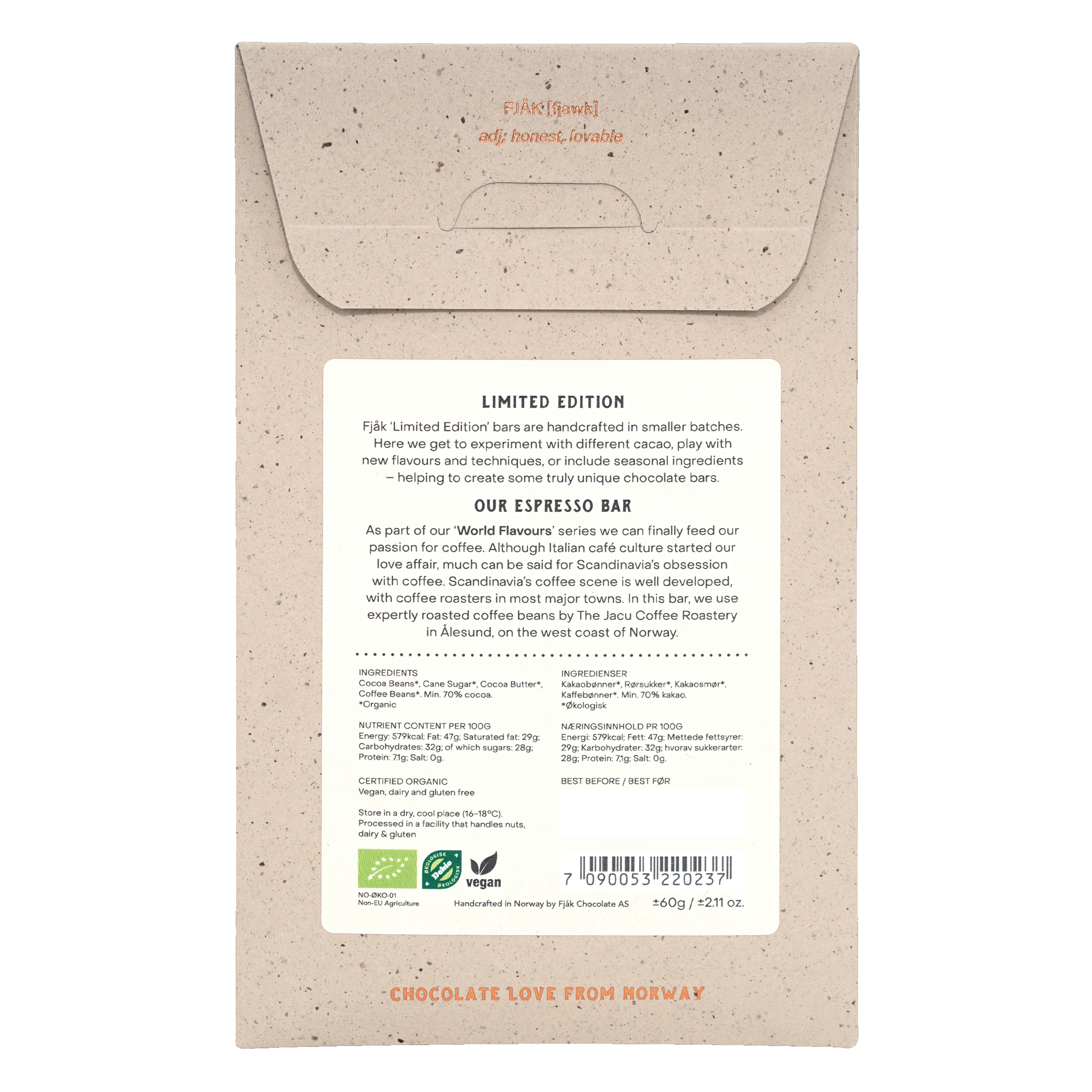 Fjåk Espresso Dark Chocolate 70% limited edition beige wrapper