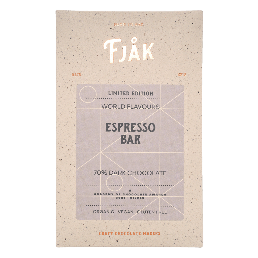 Fjåk limited edition espresso dark chocolate bar 70% in beige wrapper