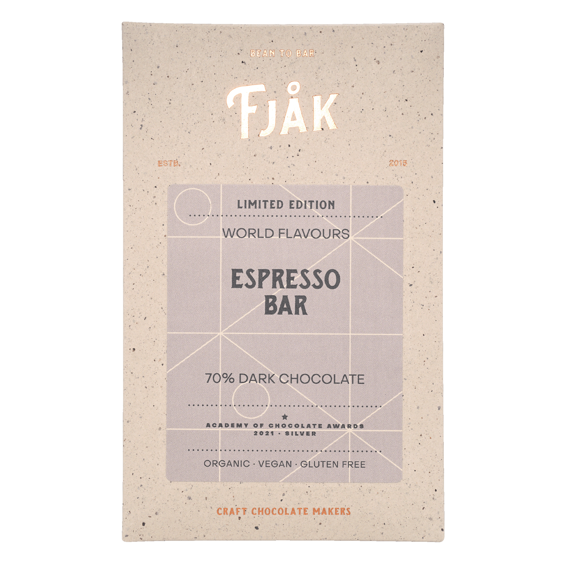 Fjåk limited edition espresso dark chocolate bar 70% in beige wrapper