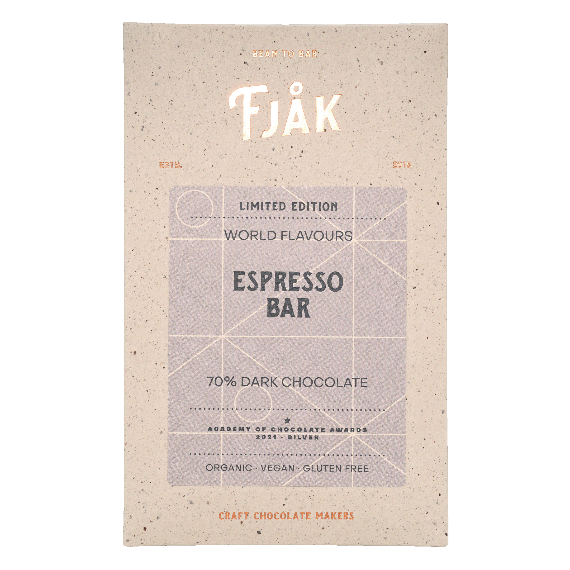 Fjåk limited edition espresso dark chocolate bar 70% in beige wrapper