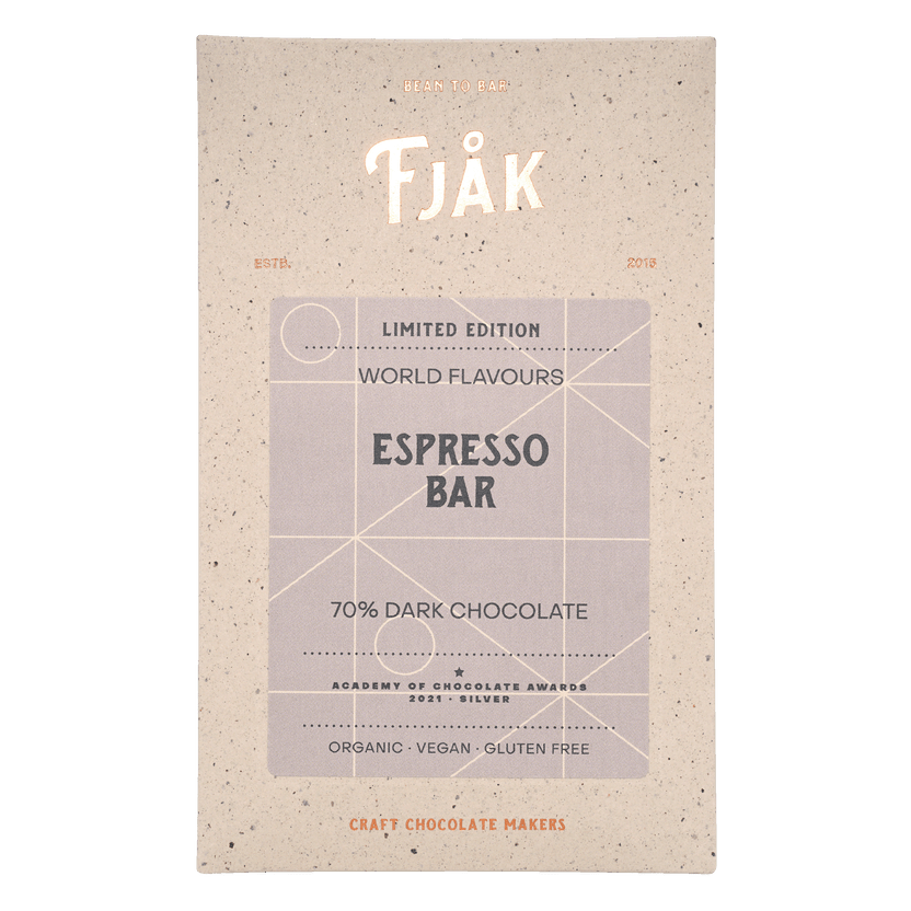 Fjåk limited edition espresso dark chocolate bar 70% in beige wrapper