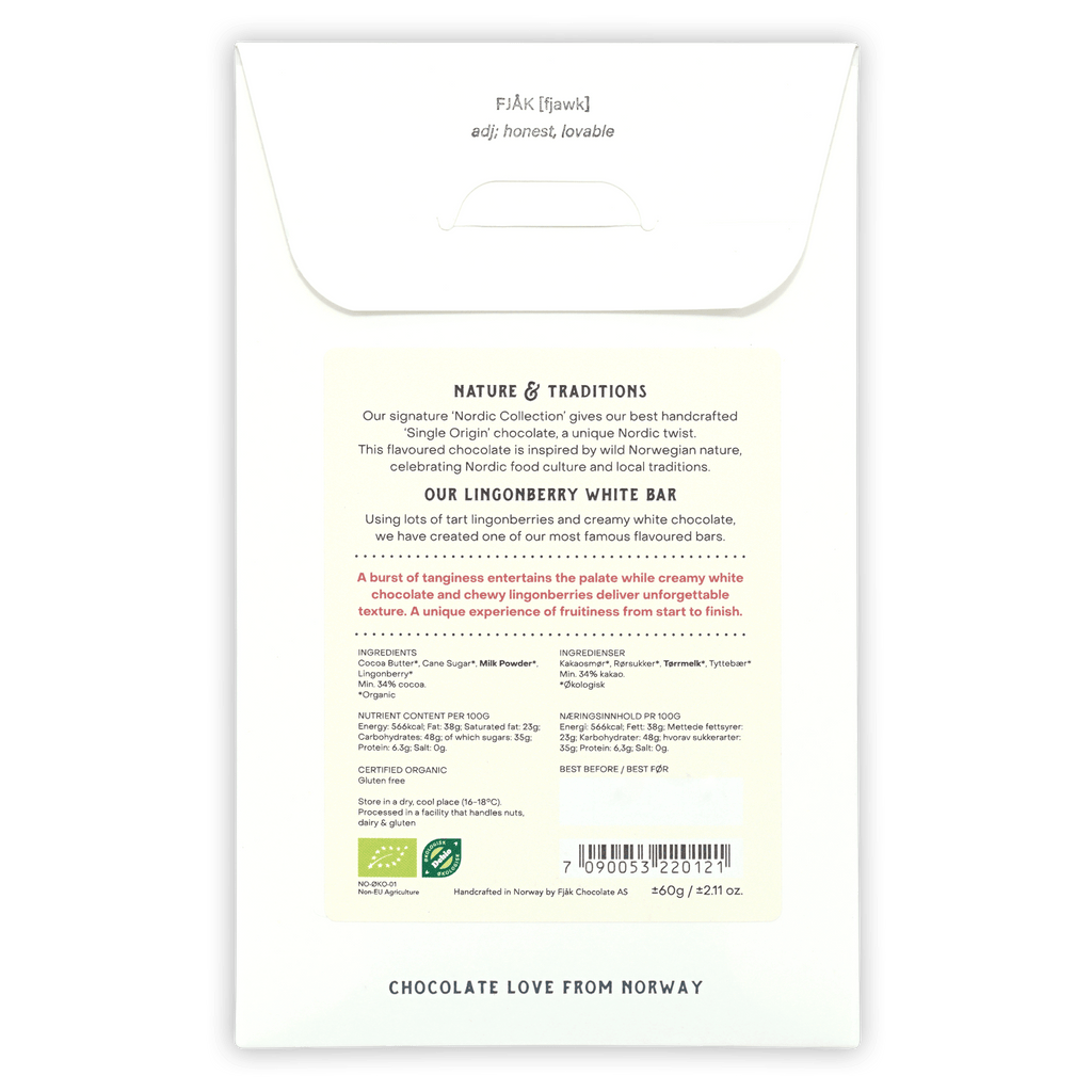 Fjåk Nordic Collection lingonberry white chocolate bar package