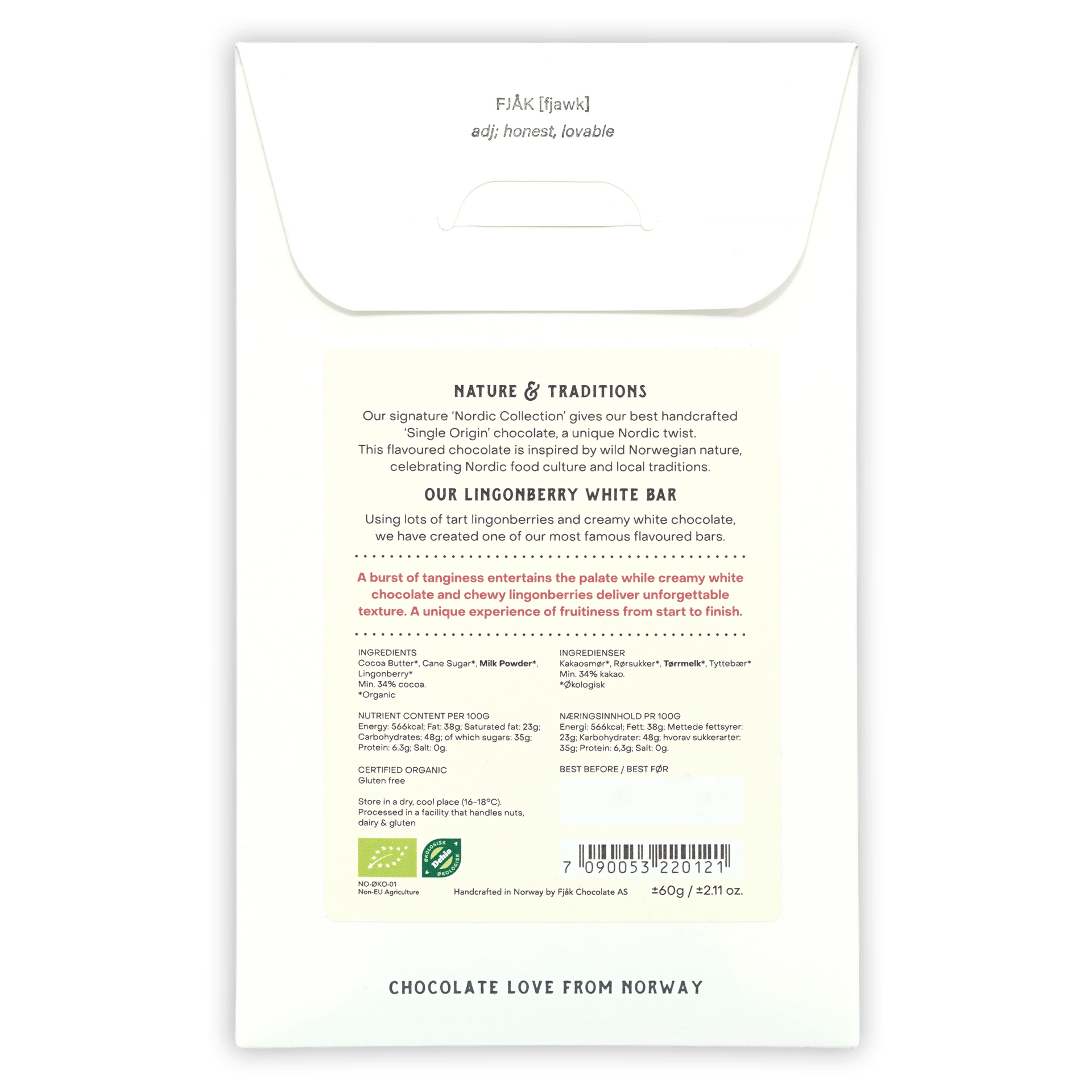 Fjåk Nordic Collection lingonberry white chocolate bar package