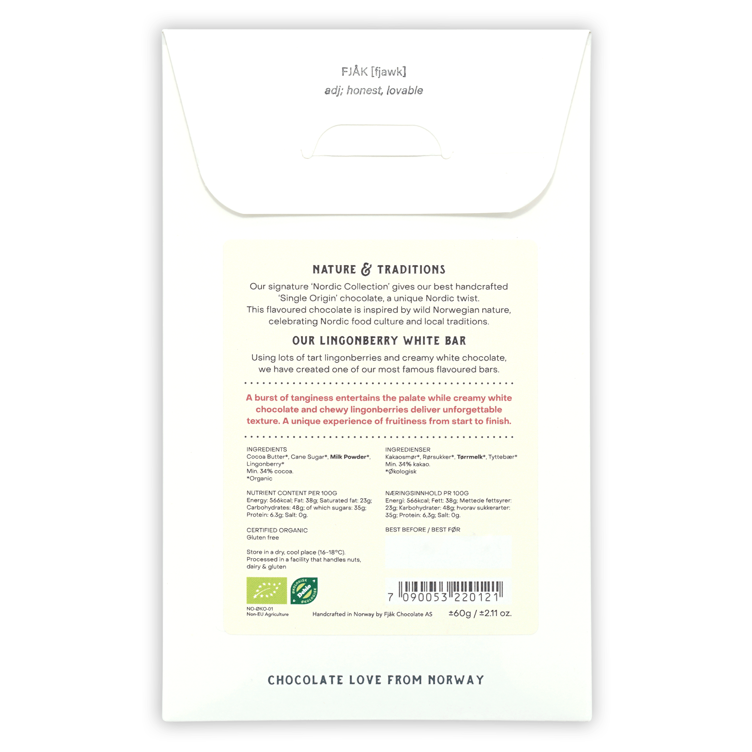 Fjåk Nordic Collection lingonberry white chocolate bar package
