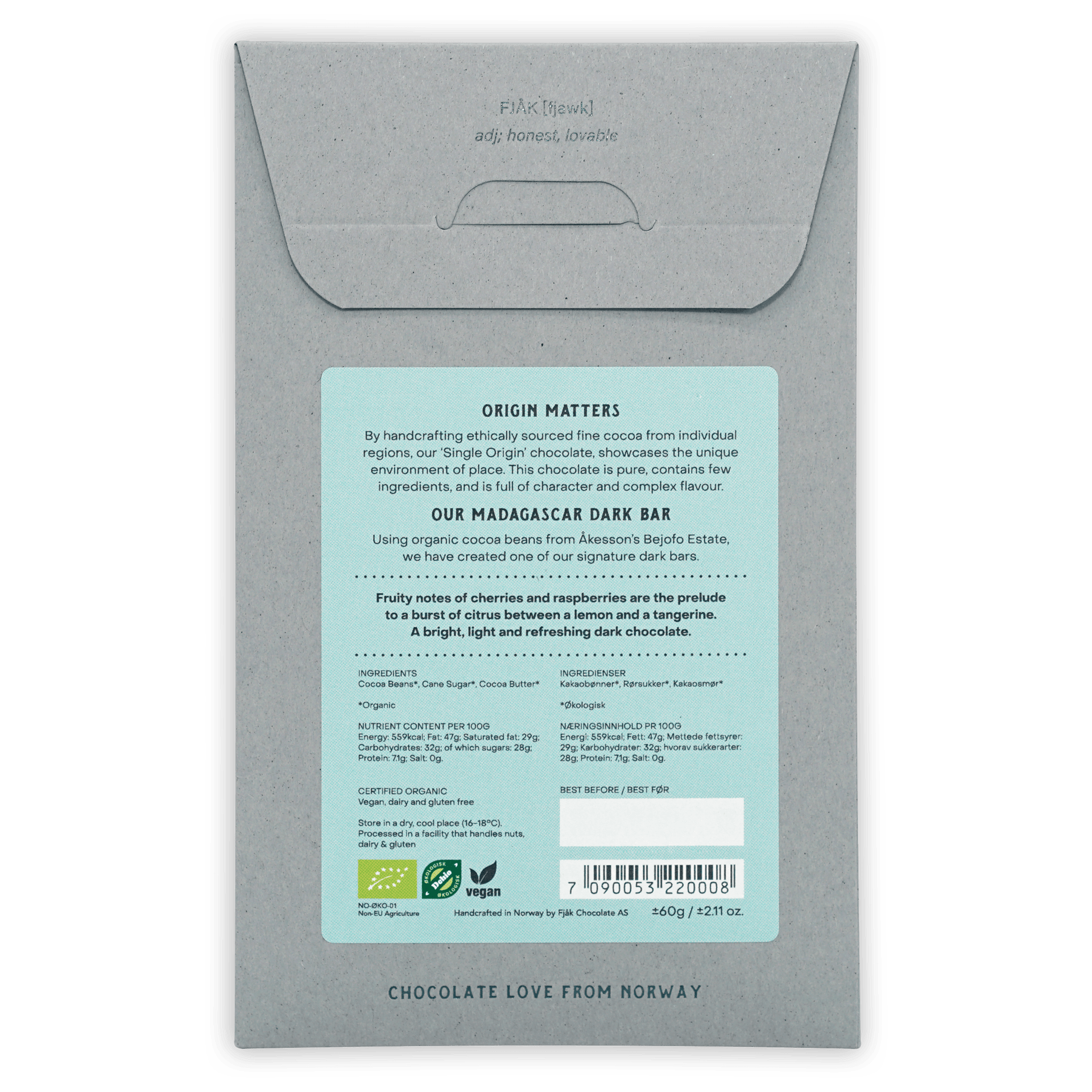 Fjåk Madagascar Dark Chocolate 70% light gray textured wrapper