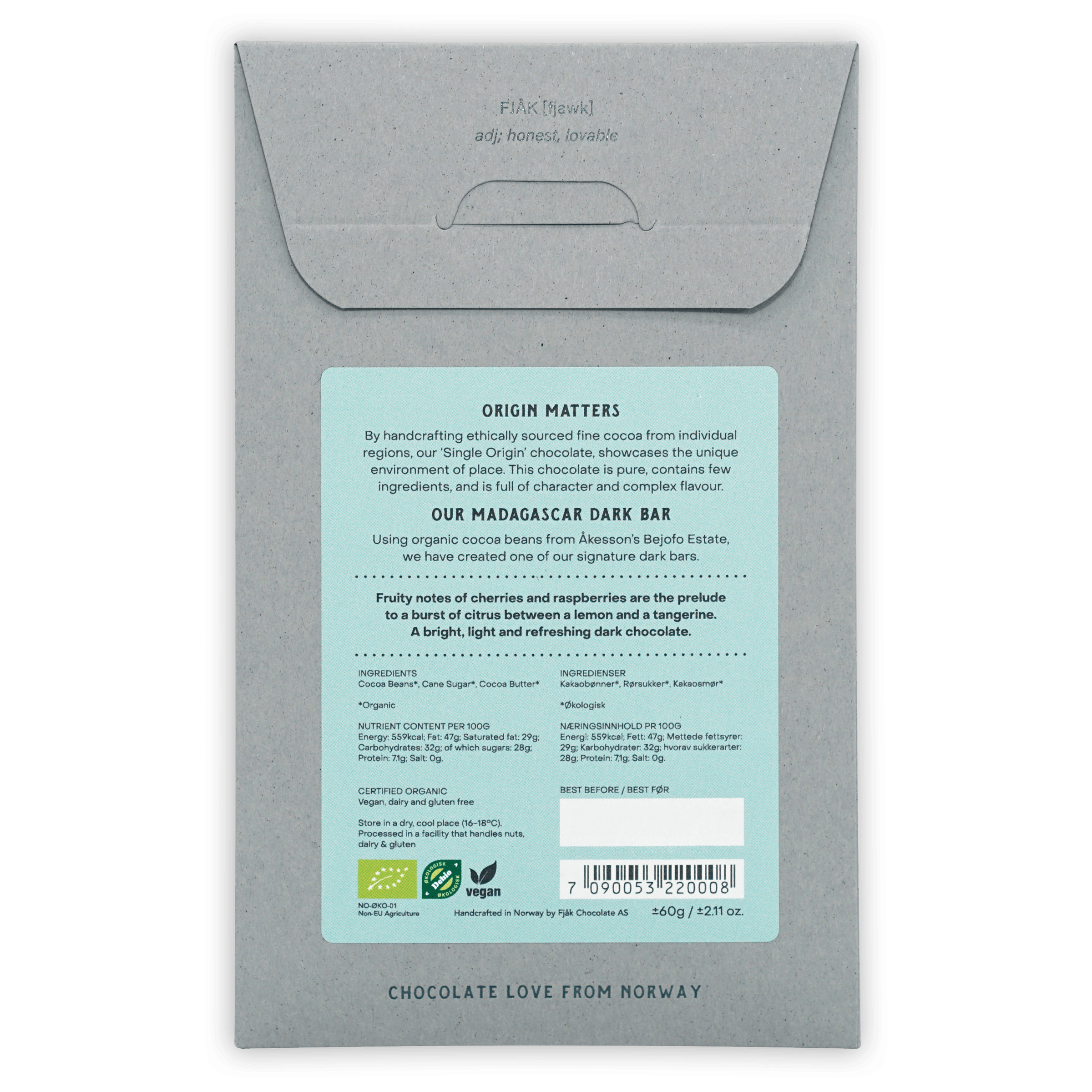 Fjåk Madagascar Dark Chocolate 70% light gray textured wrapper