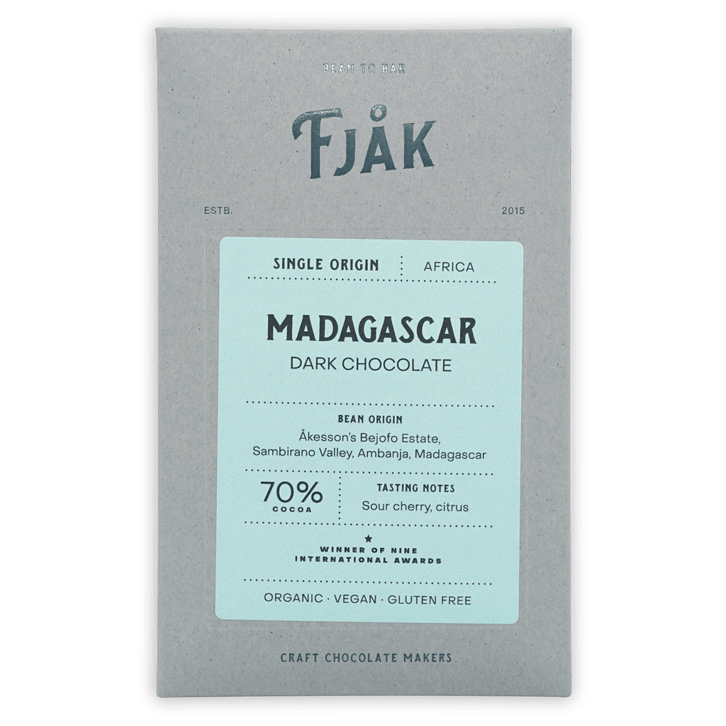 Fjåk Madagascar Dark Chocolate 70% bar in gray blue packaging
