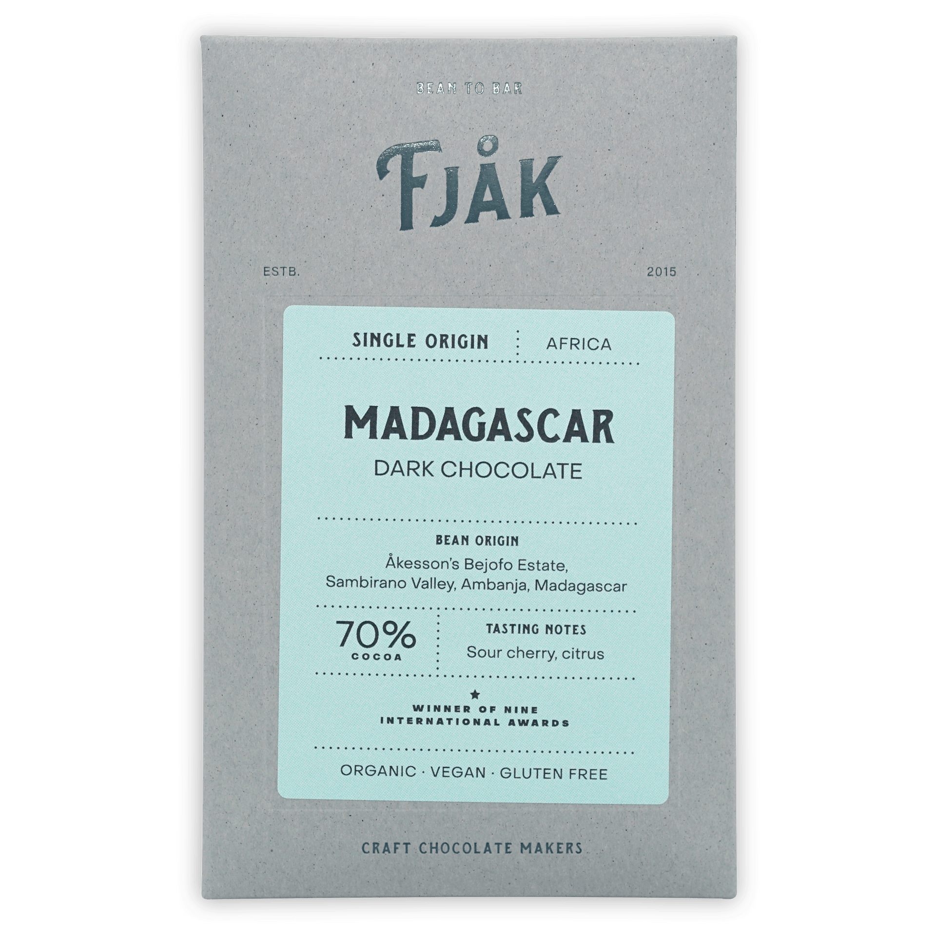 Fjåk Madagascar Dark Chocolate 70% bar in gray blue packaging