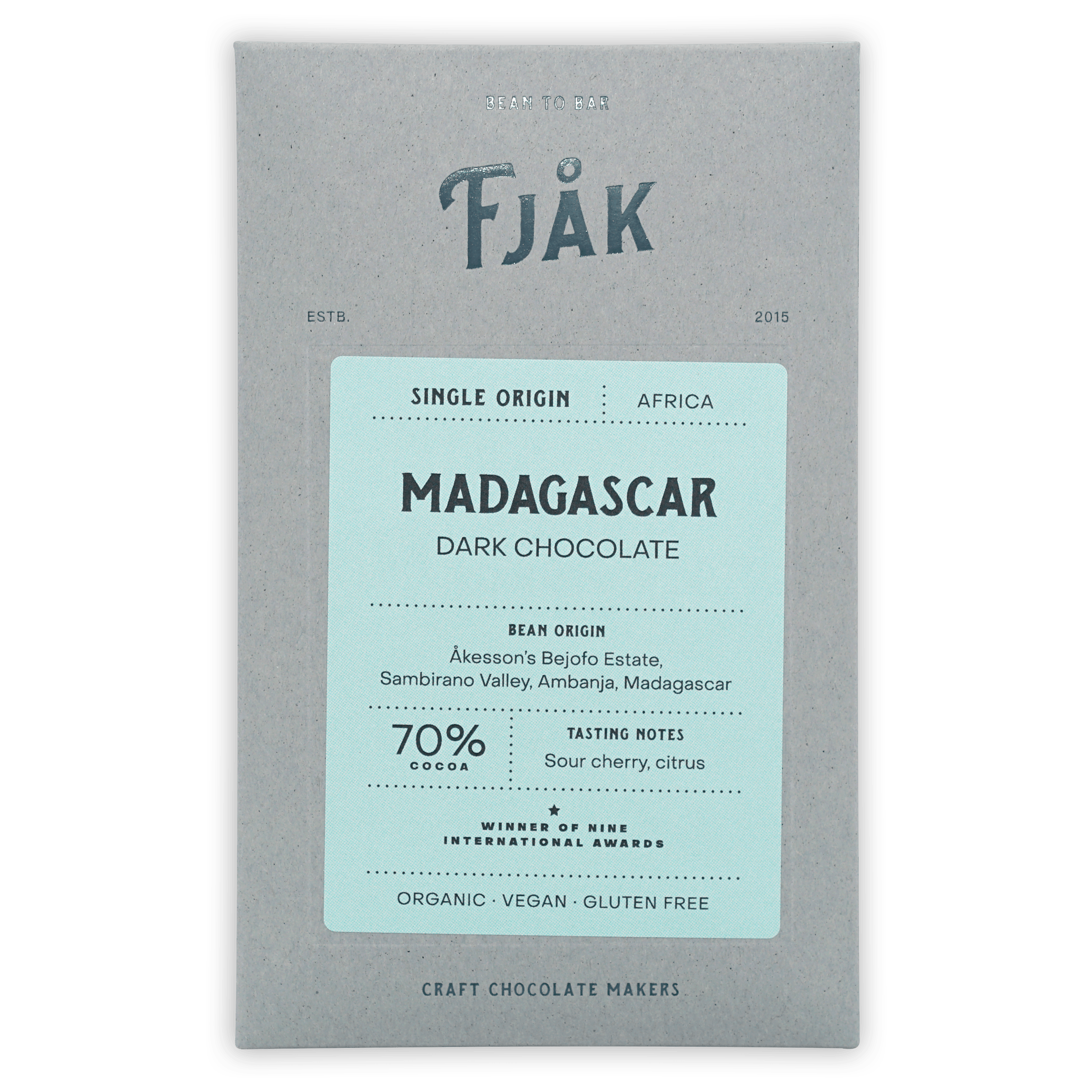 Fjåk Madagascar Dark Chocolate 70% bar in gray blue packaging