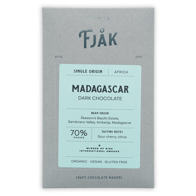 Fjåk Madagascar Dark Chocolate 70% bar in gray blue packaging