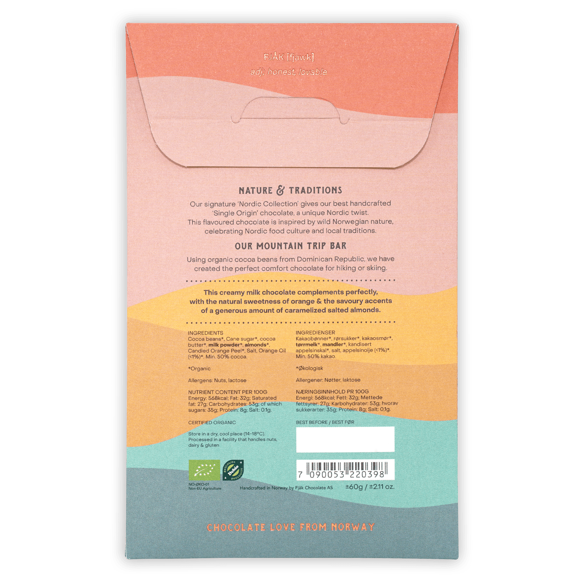 Fjåk Mountain Trip milk chocolate bar wrapper with fruit and nuts