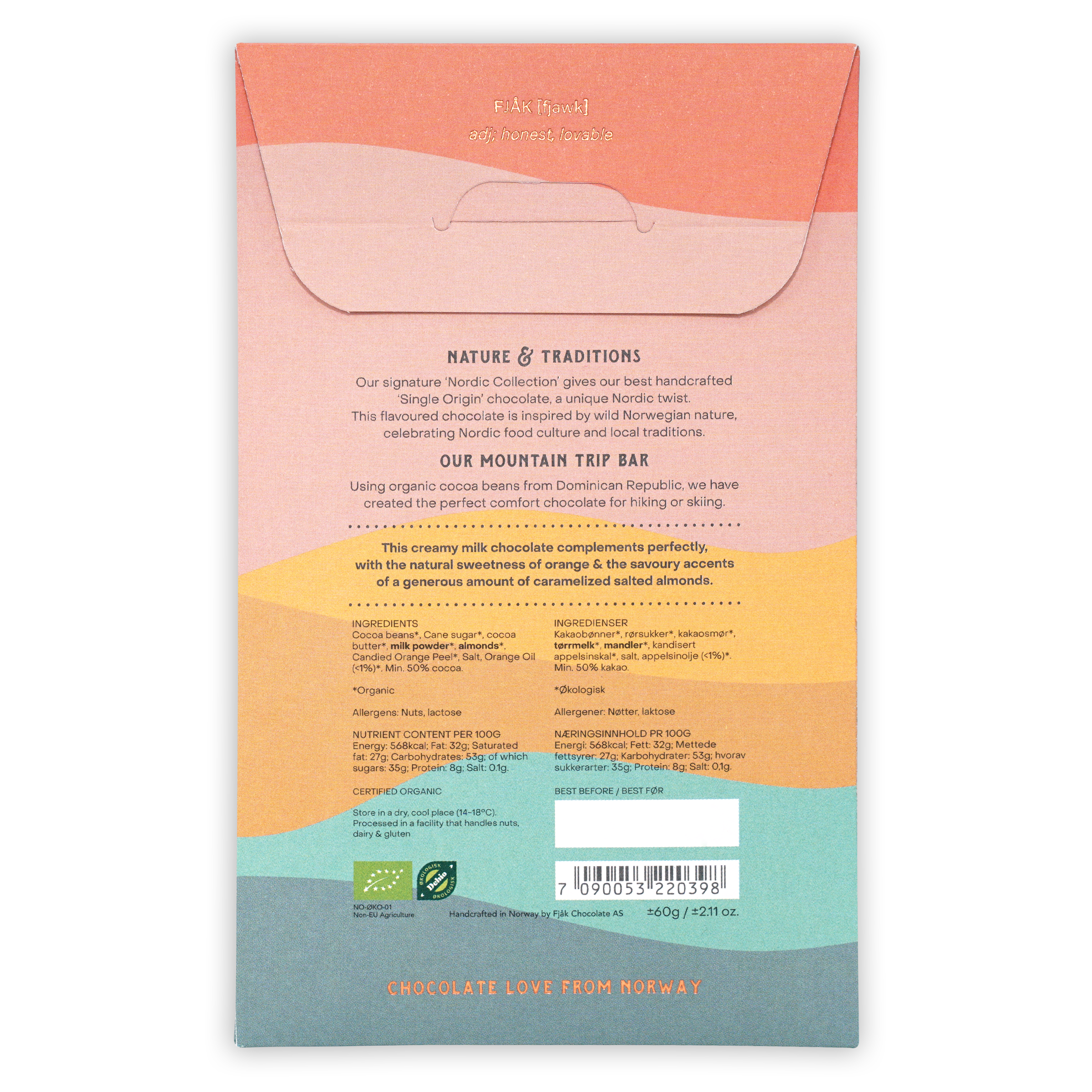 Fjåk Mountain Trip milk chocolate bar wrapper with fruit and nuts