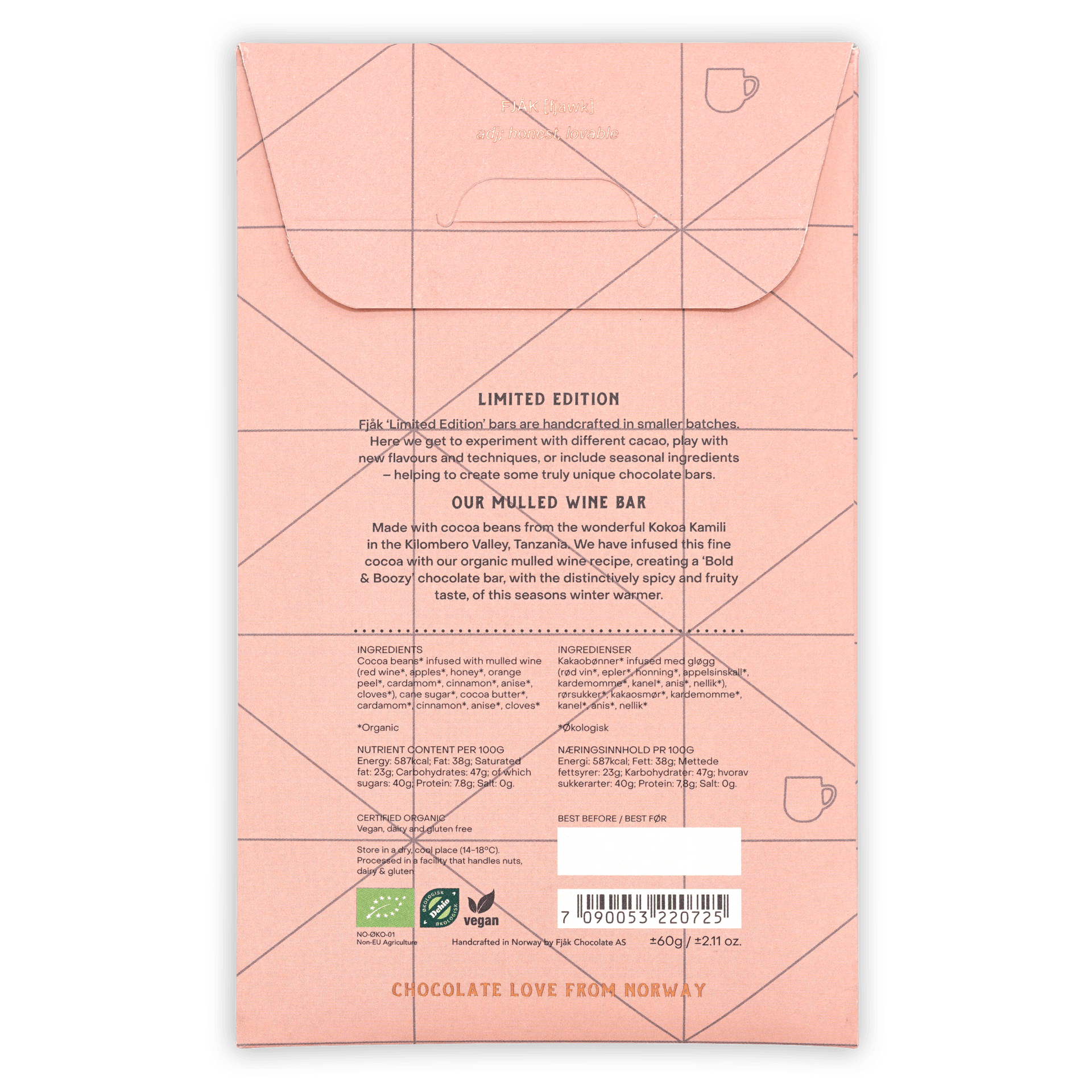 Fjak Mulled Wine Dark Chocolate pink wrapper with geometric design
