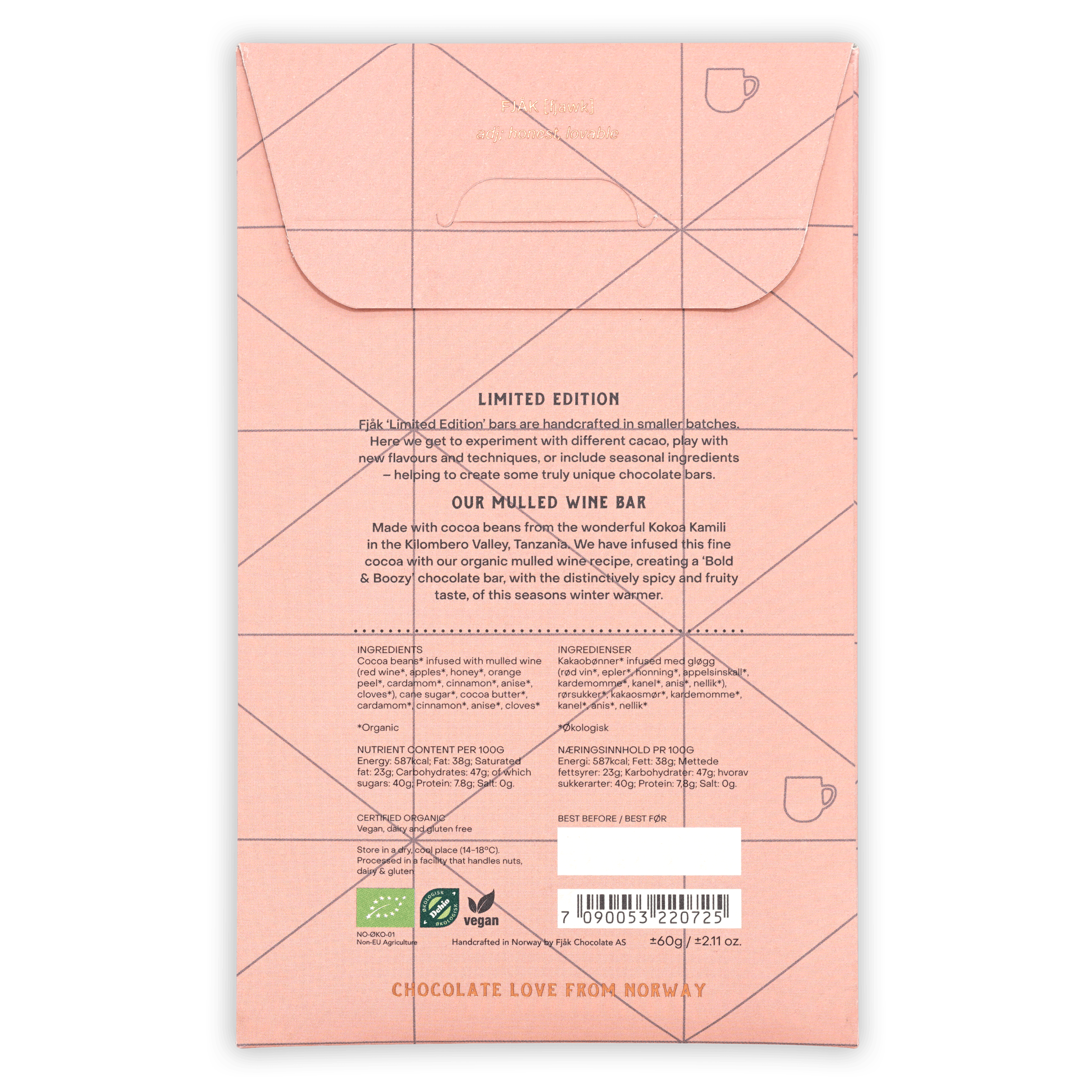 Fjak Mulled Wine Dark Chocolate pink wrapper with geometric design