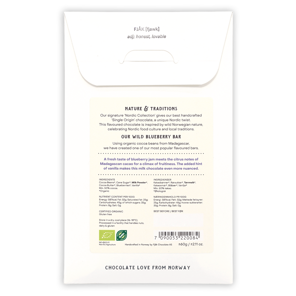 Fjåk Blueberry Milk Chocolate 50% Nordic Collection wrapper with wild blueberry flavor