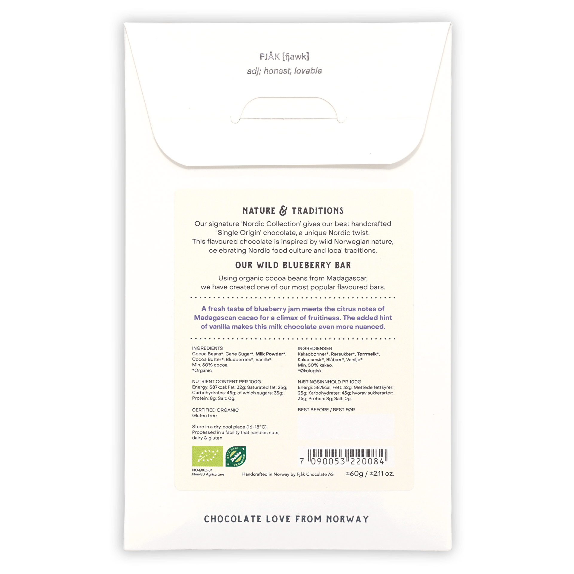 Fjåk Blueberry Milk Chocolate 50% Nordic Collection wrapper with wild blueberry flavor