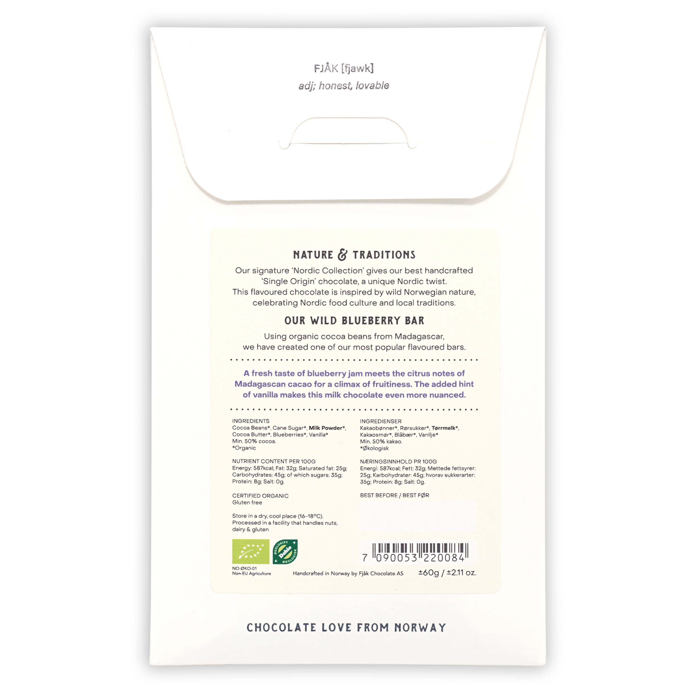 Fjåk Blueberry Milk Chocolate 50% Nordic Collection wrapper with wild blueberry flavor