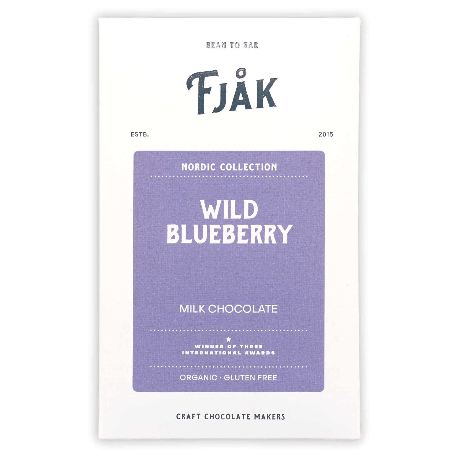 Fjåk wild blueberry milk chocolate bar, Nordic Collection package
