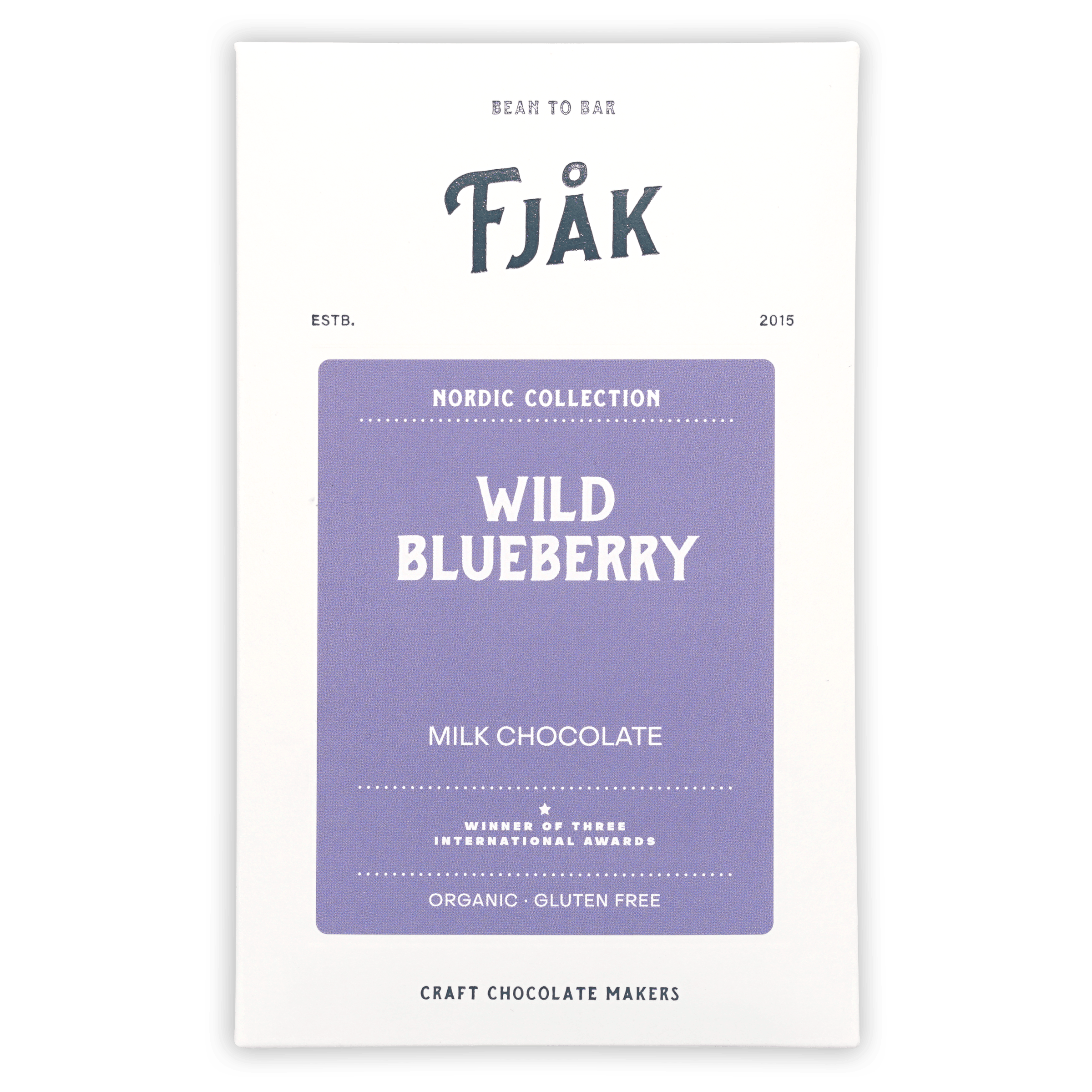 Fjåk wild blueberry milk chocolate bar, Nordic Collection package