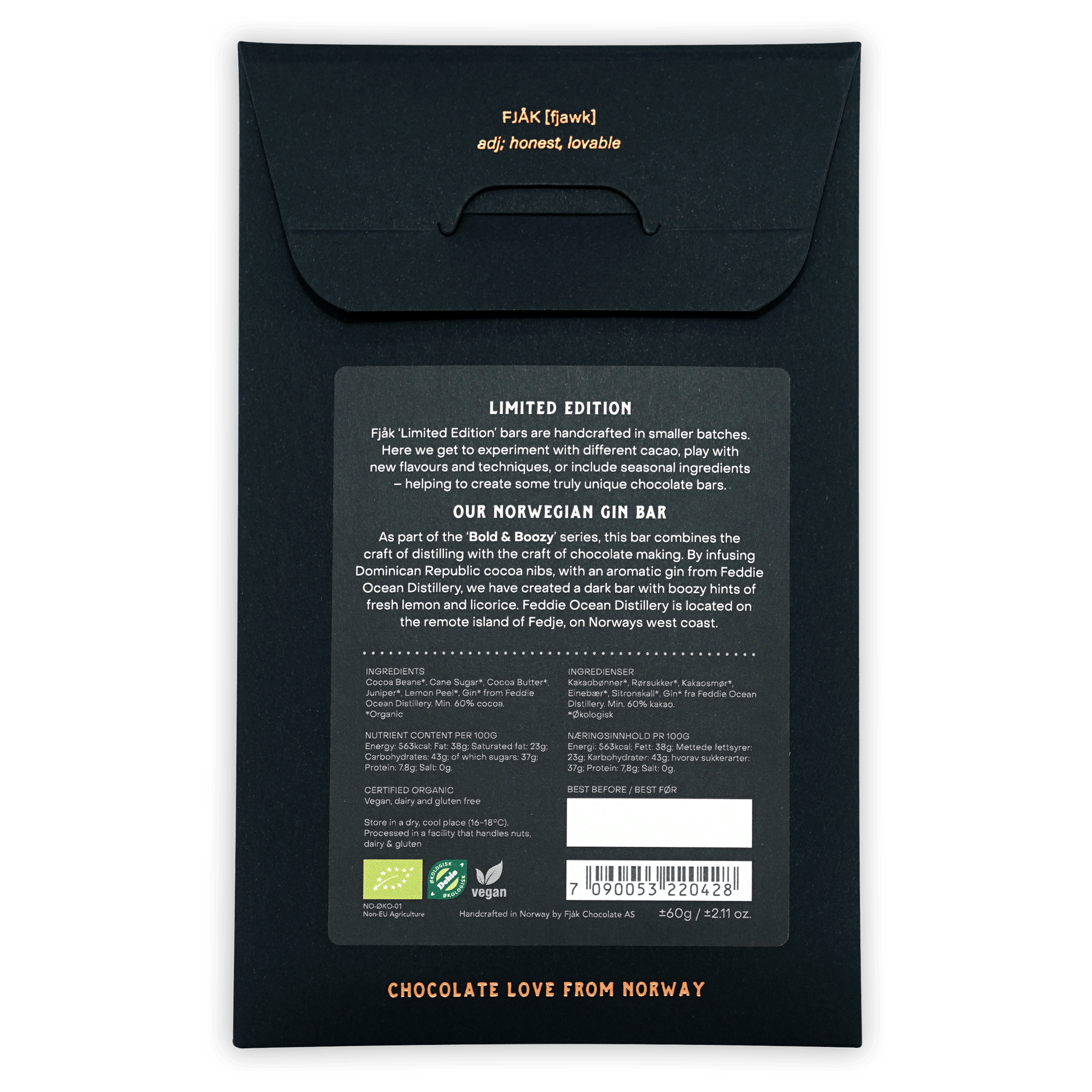 Black matte Fjåk Norwegian Gin Dark Chocolate 60% packaging