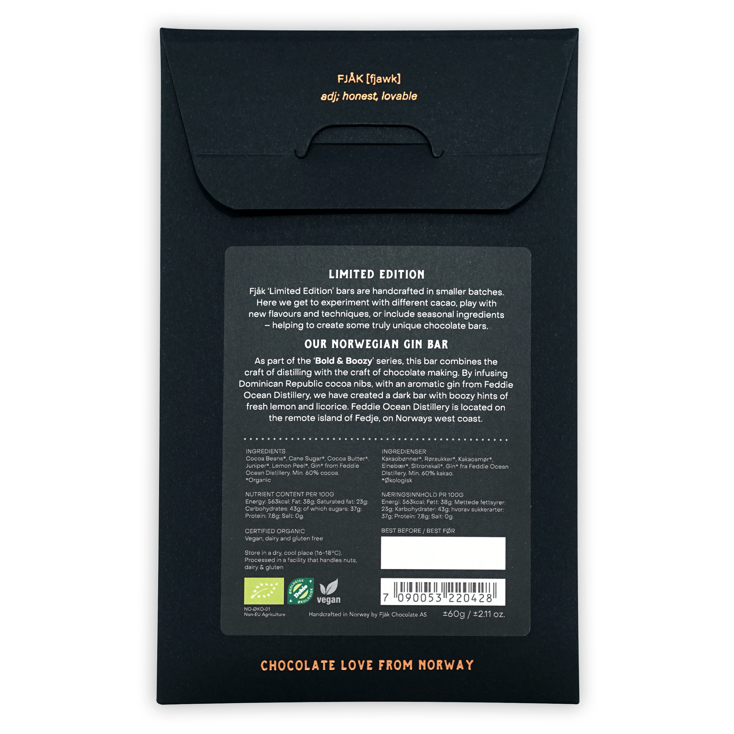 Black matte Fjåk Norwegian Gin Dark Chocolate 60% packaging