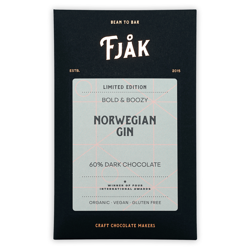 Fjåk Norwegian Gin 60% dark chocolate bar in sleek black wrapper