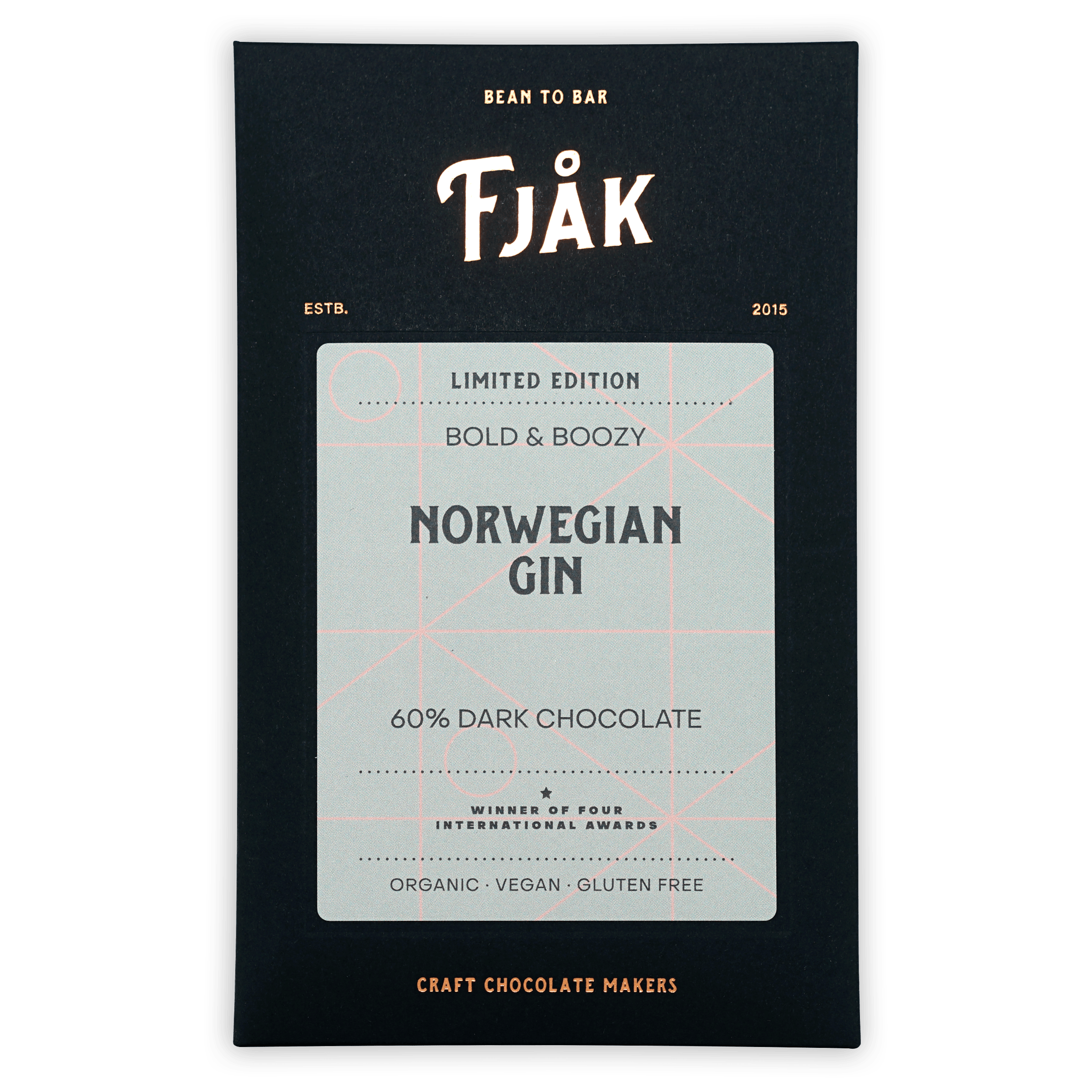 Fjåk Norwegian Gin 60% dark chocolate bar in sleek black wrapper