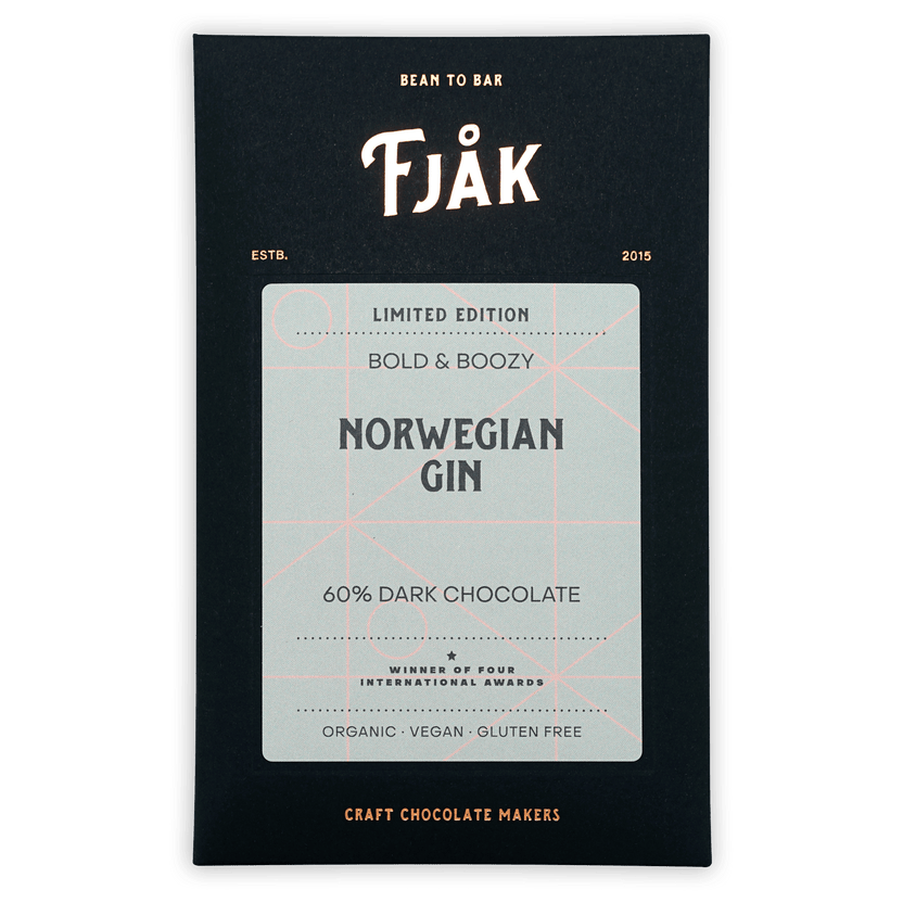 Fjåk Norwegian Gin 60% dark chocolate bar in sleek black wrapper