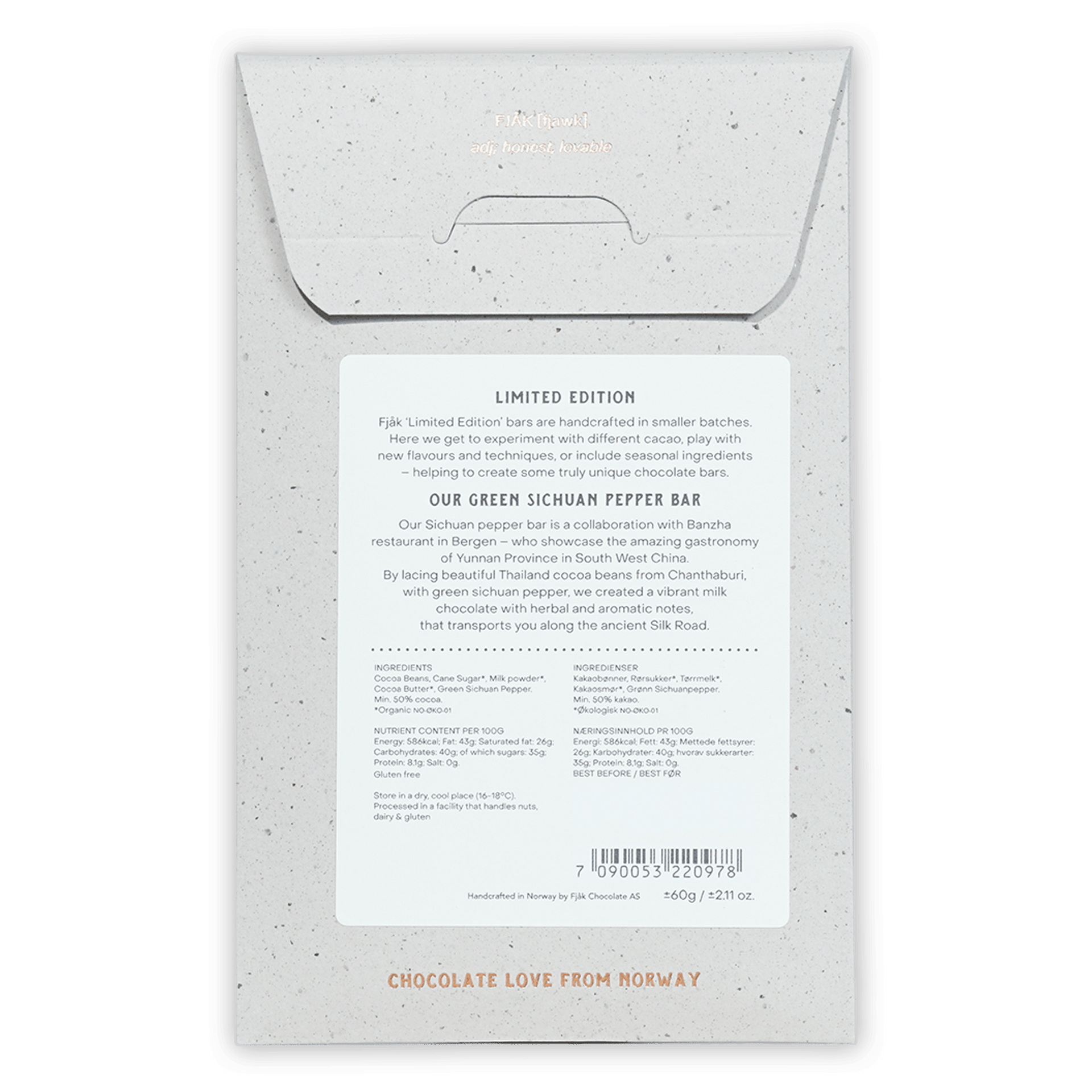 Fjak Sichuan Pepper Milk Chocolate 50% limited edition wrapper