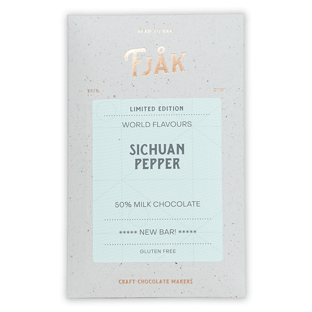Fjåk limited edition Sichuan Pepper Milk Chocolate bar in speckled wrapper