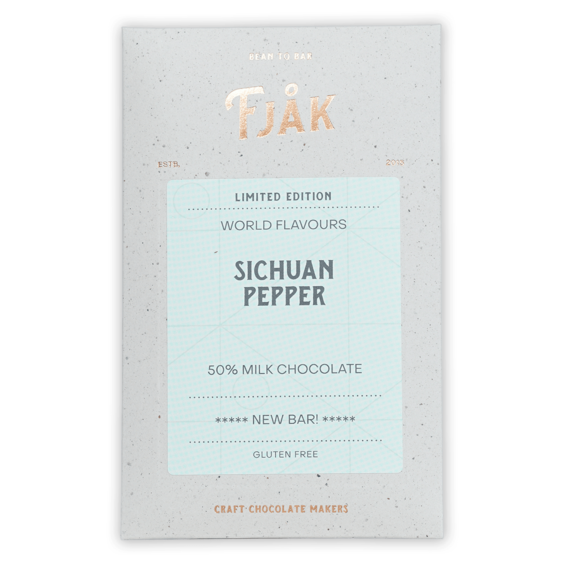 Fjåk limited edition Sichuan Pepper Milk Chocolate bar in speckled wrapper