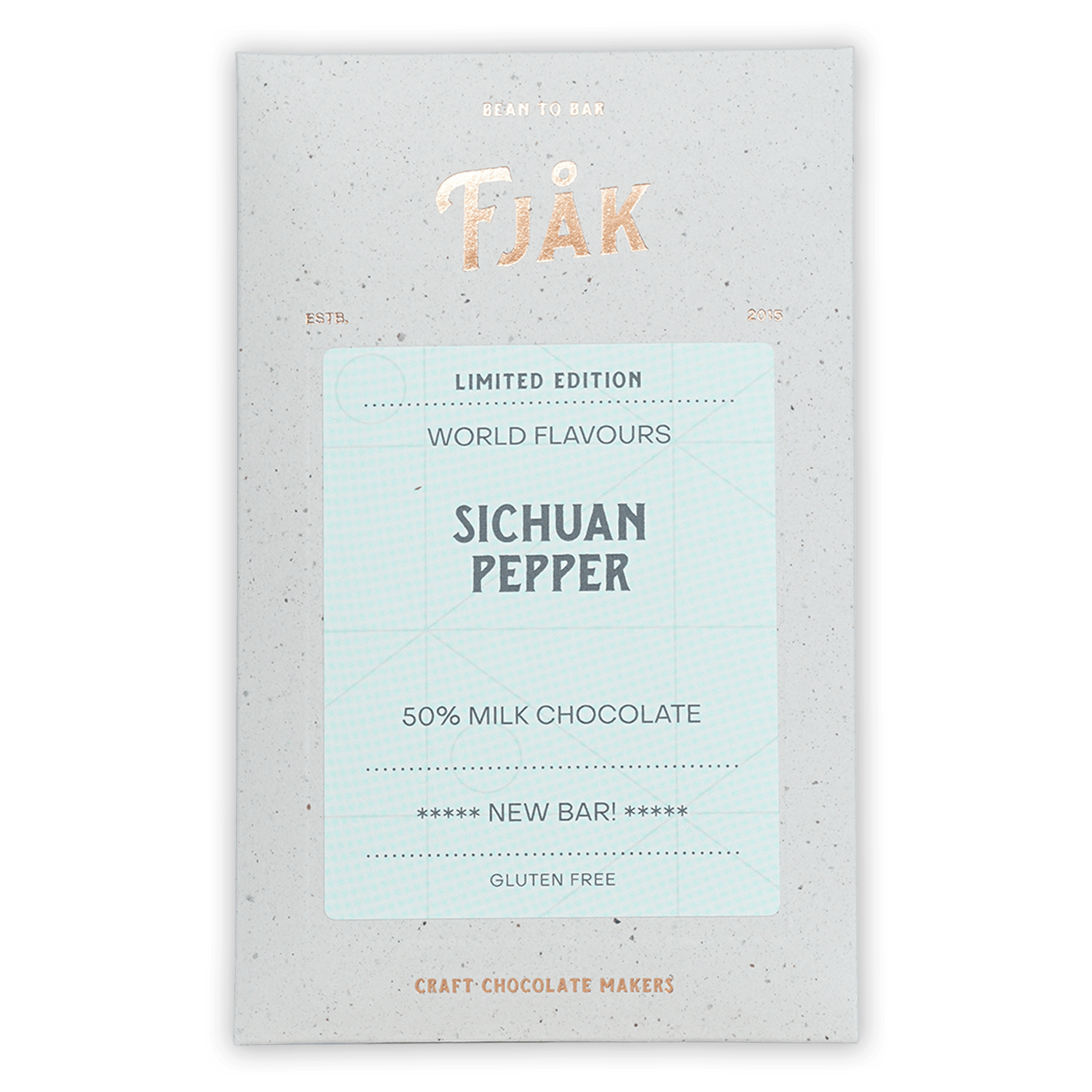 Fjåk limited edition Sichuan Pepper Milk Chocolate bar in speckled wrapper