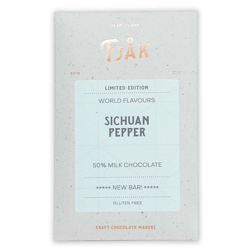 Fjåk limited edition Sichuan Pepper Milk Chocolate bar in speckled wrapper