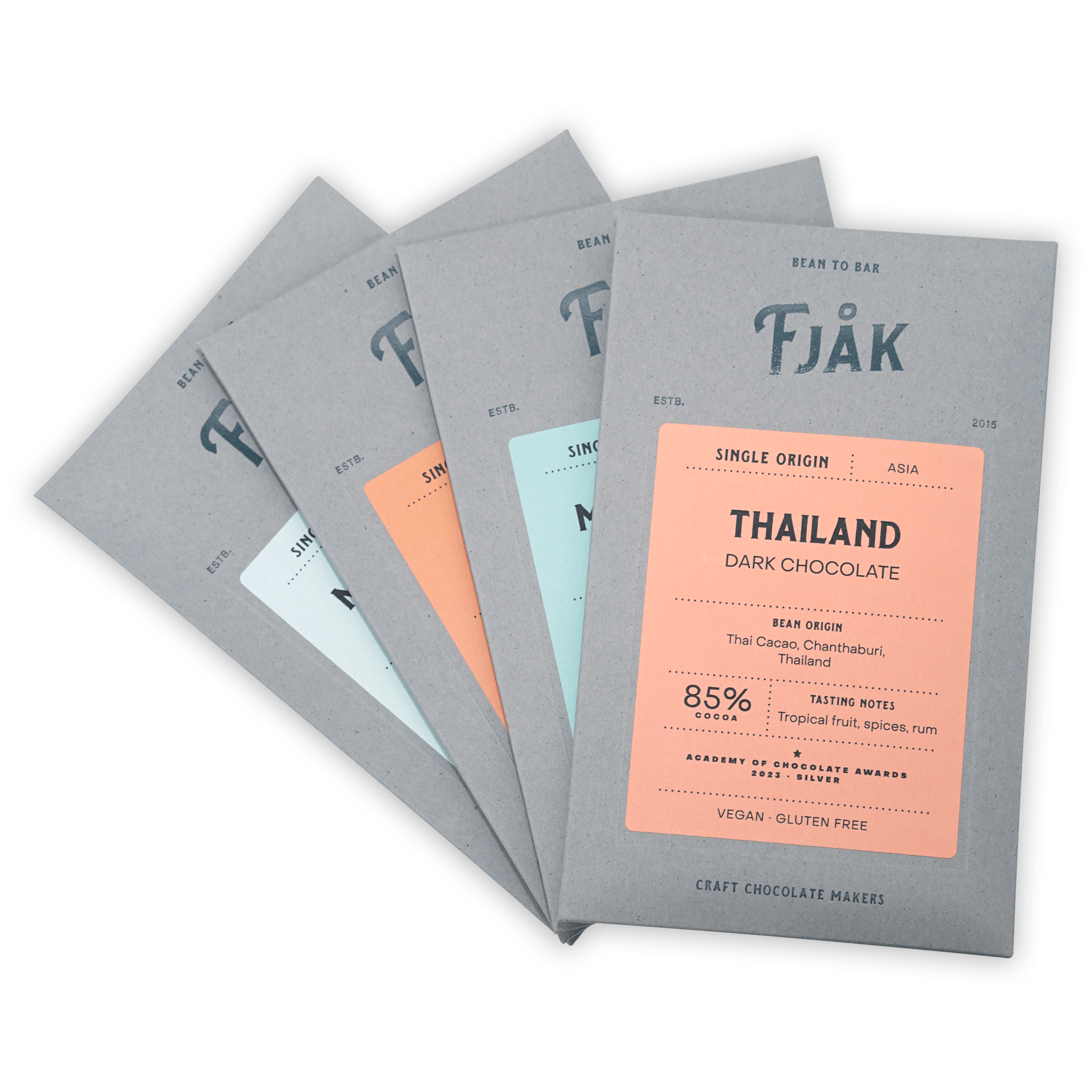 Fjåk Chocolate Bundles: 85% gray-wrapped Thai single-origin dark bars