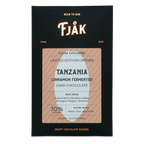 Fjåk cinnamon fermented Tanzania microlot 70% dark chocolate bar in sleek black and beige packaging explorer series