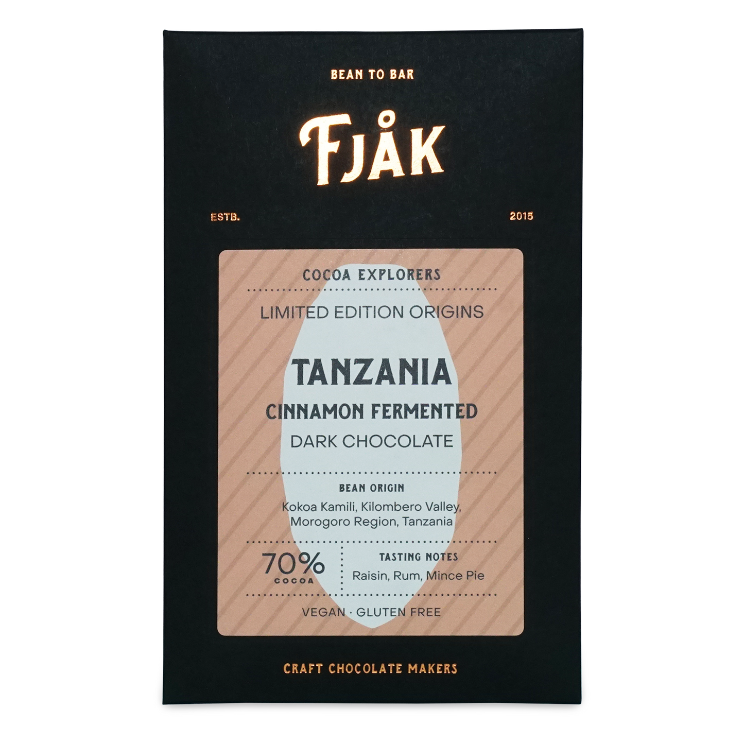 Fjåk cinnamon fermented Tanzania microlot 70% dark chocolate bar in sleek black and beige packaging explorer series
