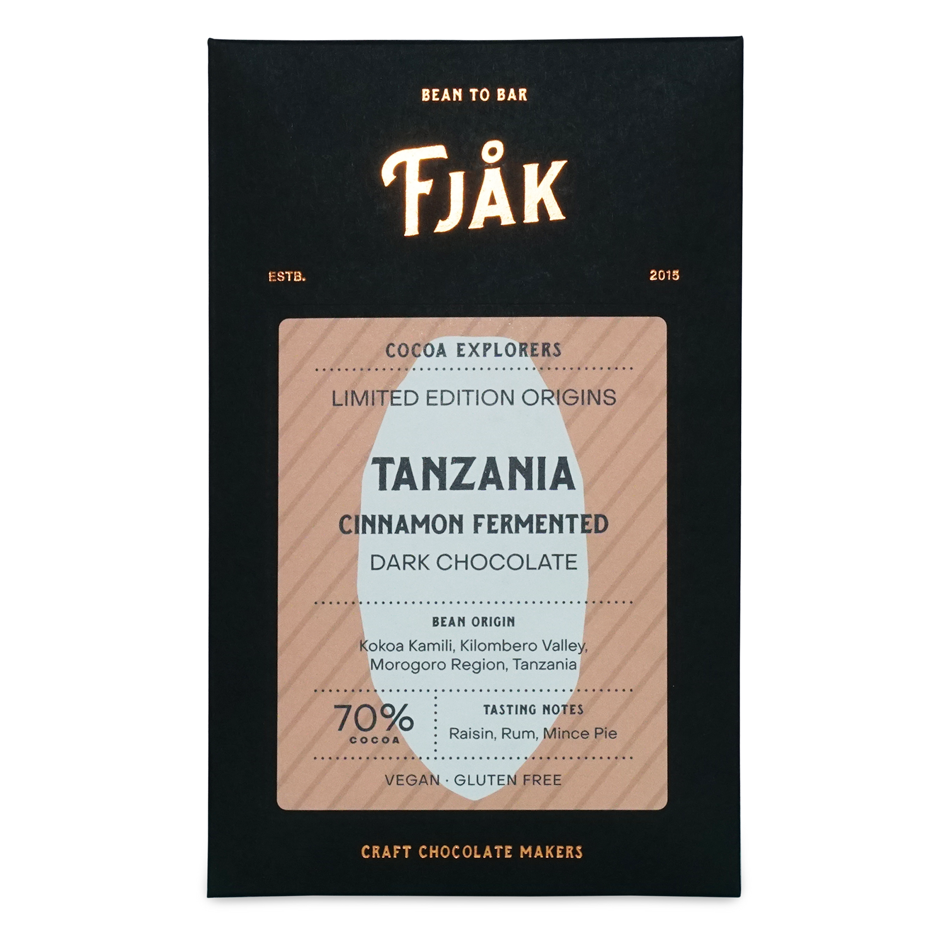 Fjåk cinnamon fermented Tanzania microlot 70% dark chocolate bar in sleek black and beige packaging explorer series