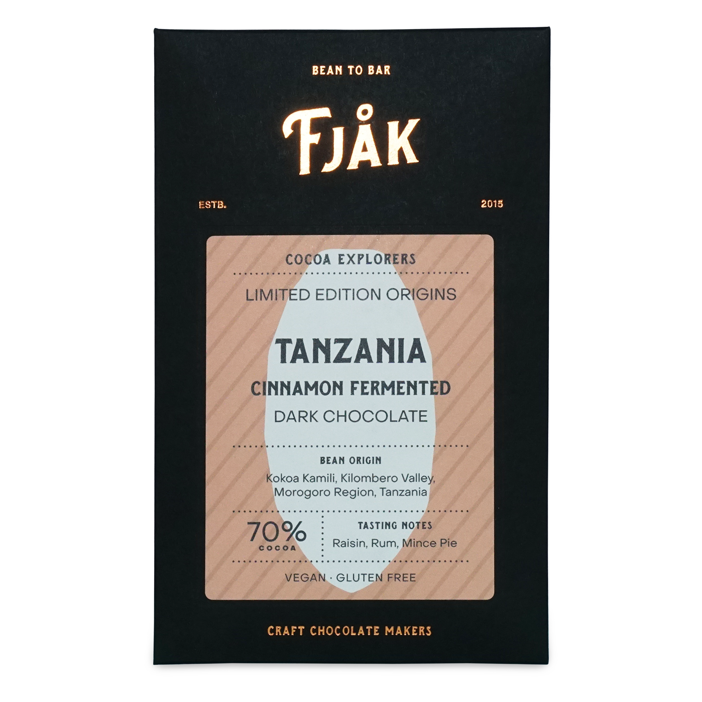 Fjåk cinnamon fermented Tanzania microlot 70% dark chocolate bar in sleek black and beige packaging explorer series