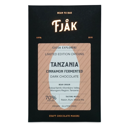 Fjåk cinnamon fermented Tanzania microlot 70% dark chocolate bar in sleek black and beige packaging explorer series