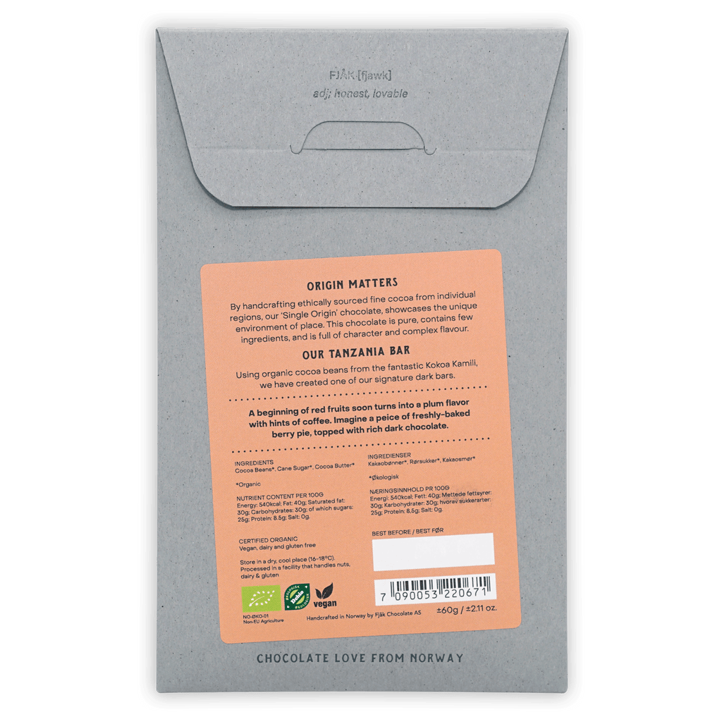 Fjåk Tanzania Dark Chocolate 75% gray textured wrapper with orange label