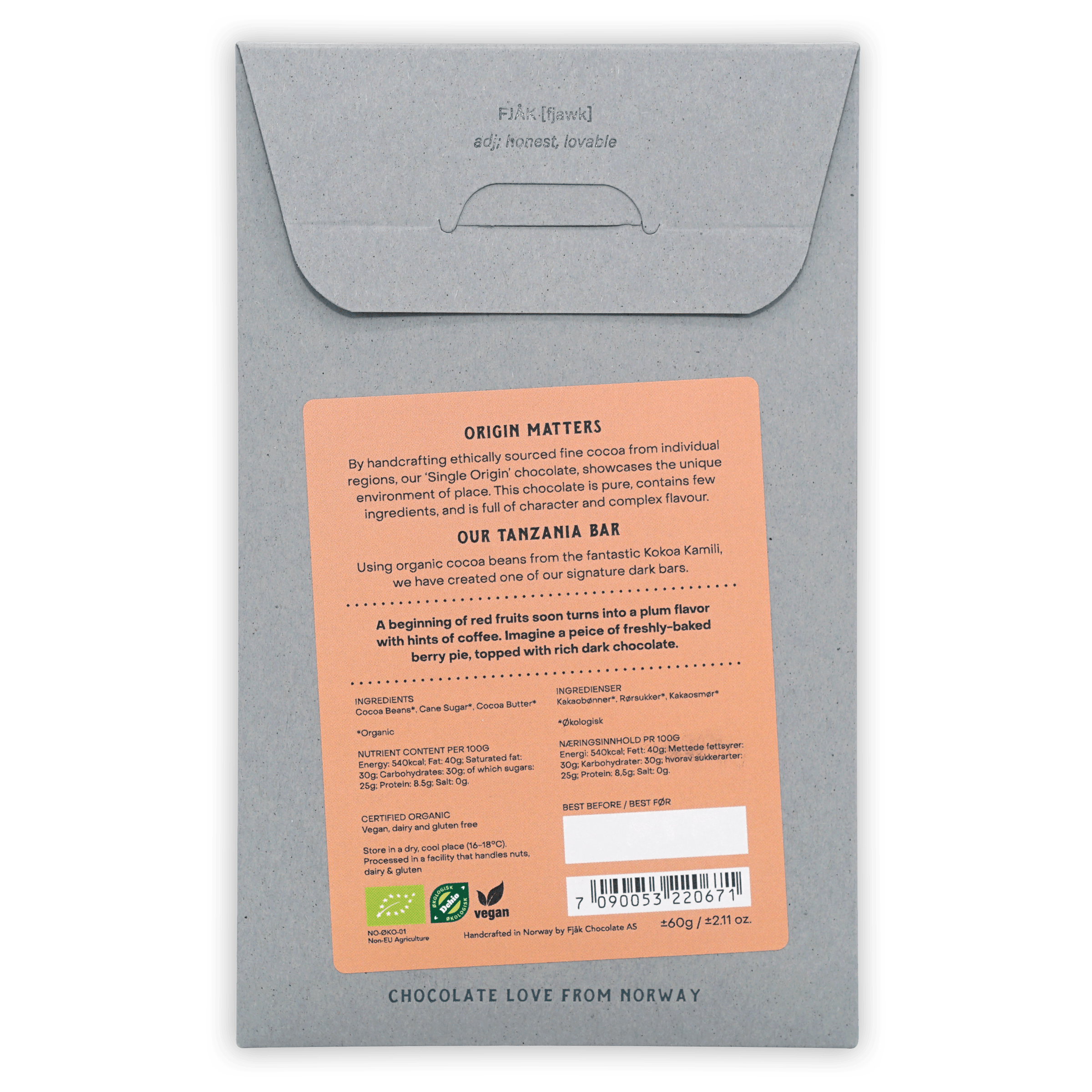 Fjåk Tanzania Dark Chocolate 75% gray textured wrapper with orange label