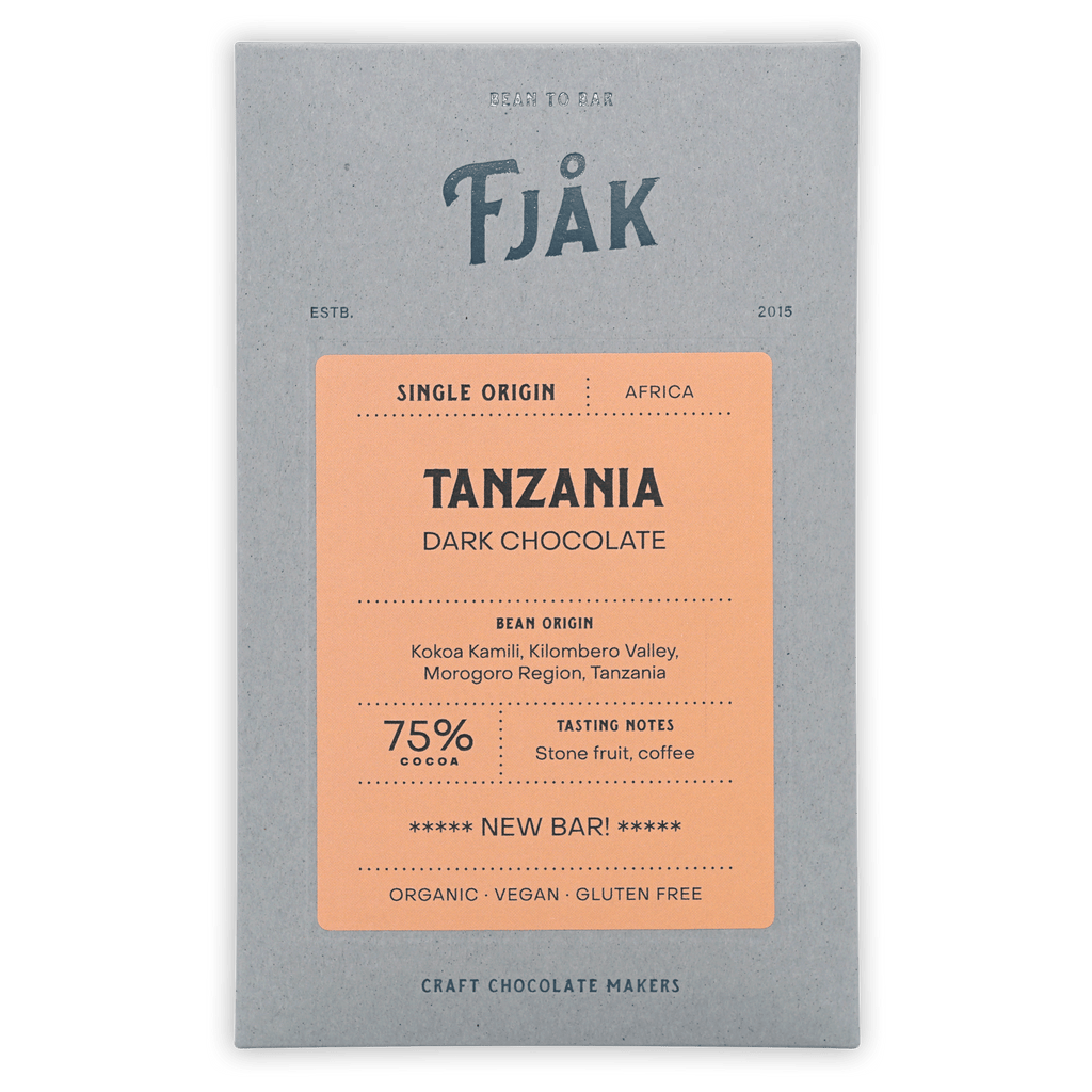 Fjåk Tanzania Dark Chocolate 75% matte gray wrapper with orange label