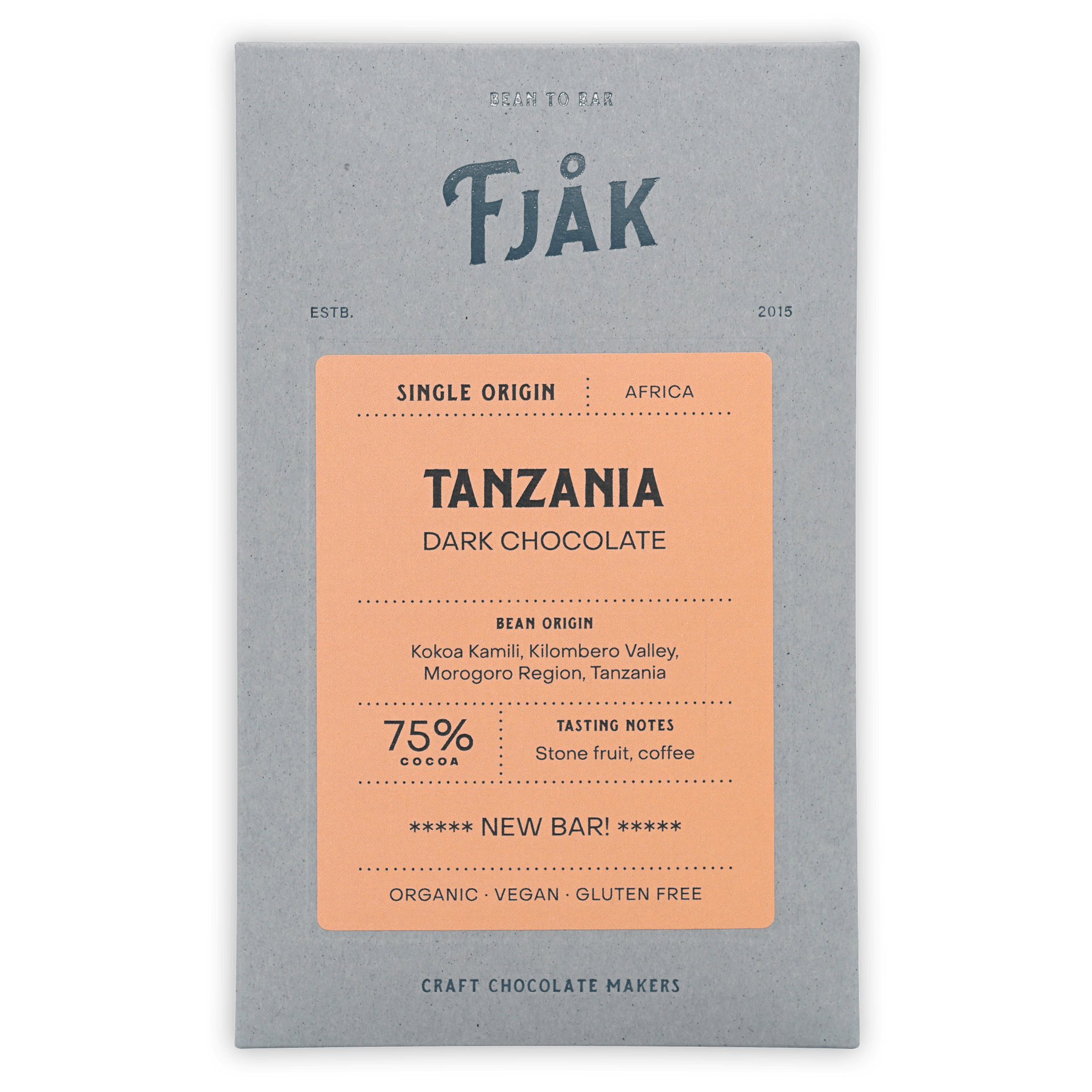 Fjåk Tanzania Dark Chocolate 75% matte gray wrapper with orange label