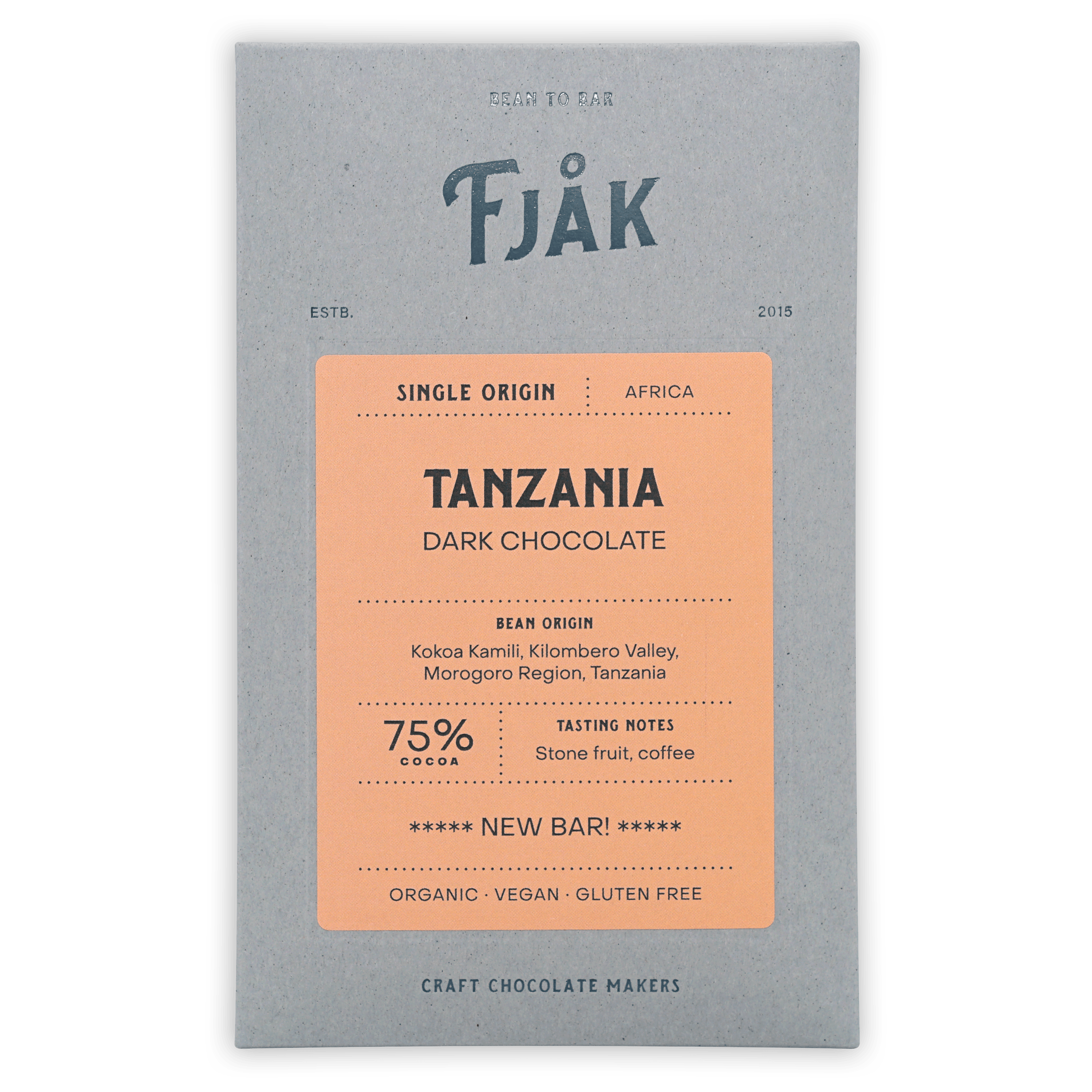 Fjåk Tanzania Dark Chocolate 75% matte gray wrapper with orange label
