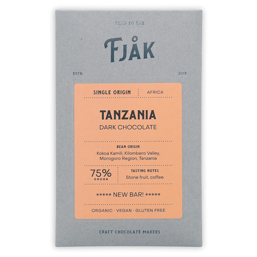 Fjåk Tanzania Dark Chocolate 75% matte gray wrapper with orange label