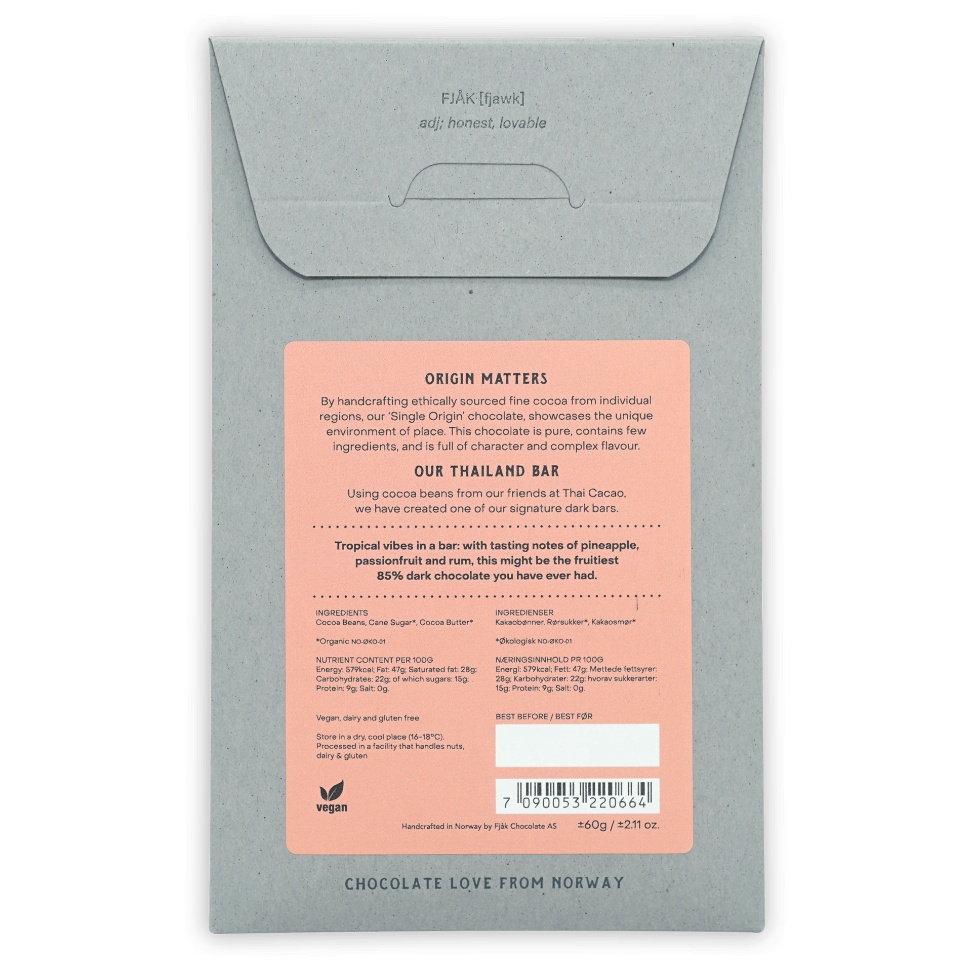 Fjåk Thailand Dark Chocolate 85% matte gray wrapper with peach label