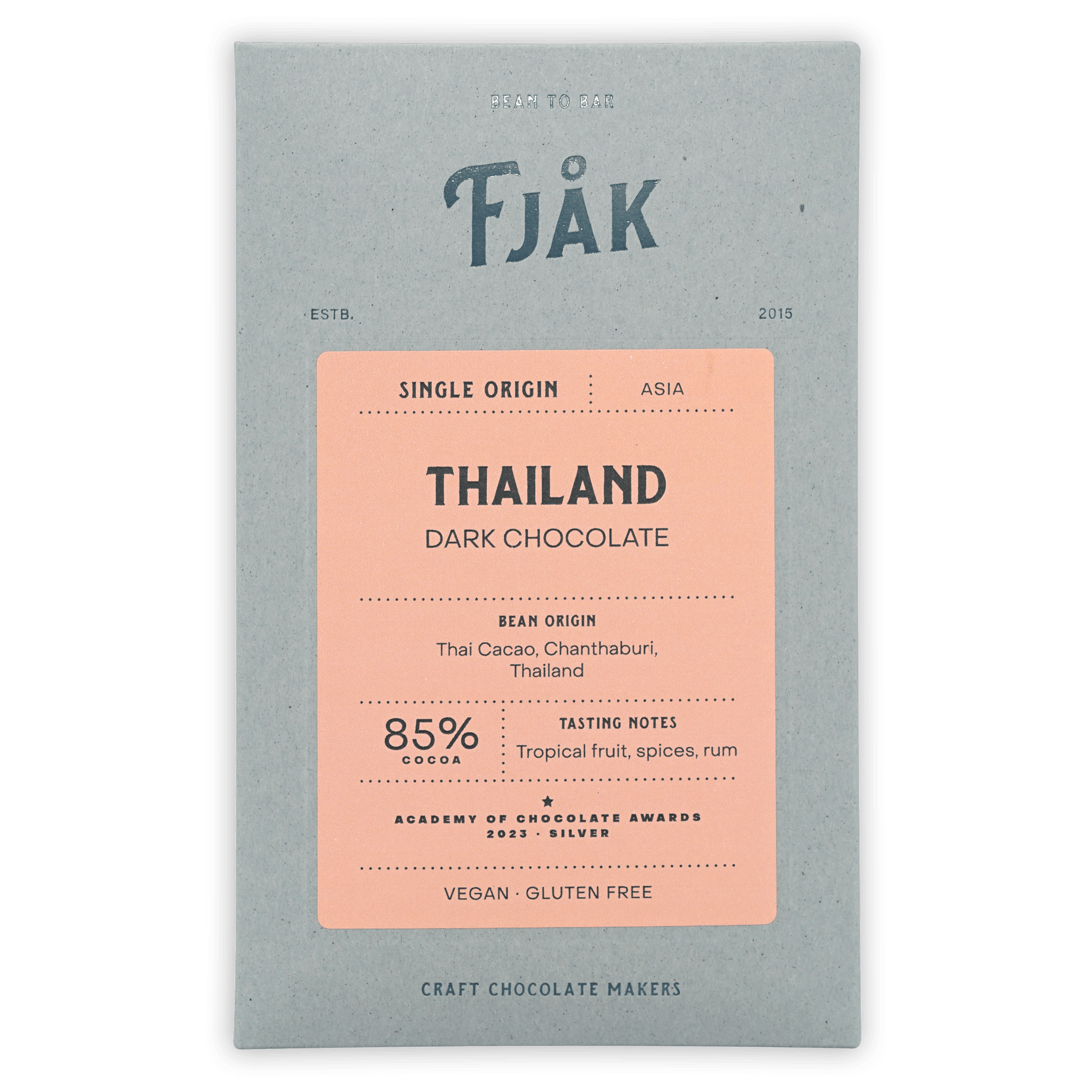 Fjåk Thailand Dark Chocolate 85% pale pink blue wrapper