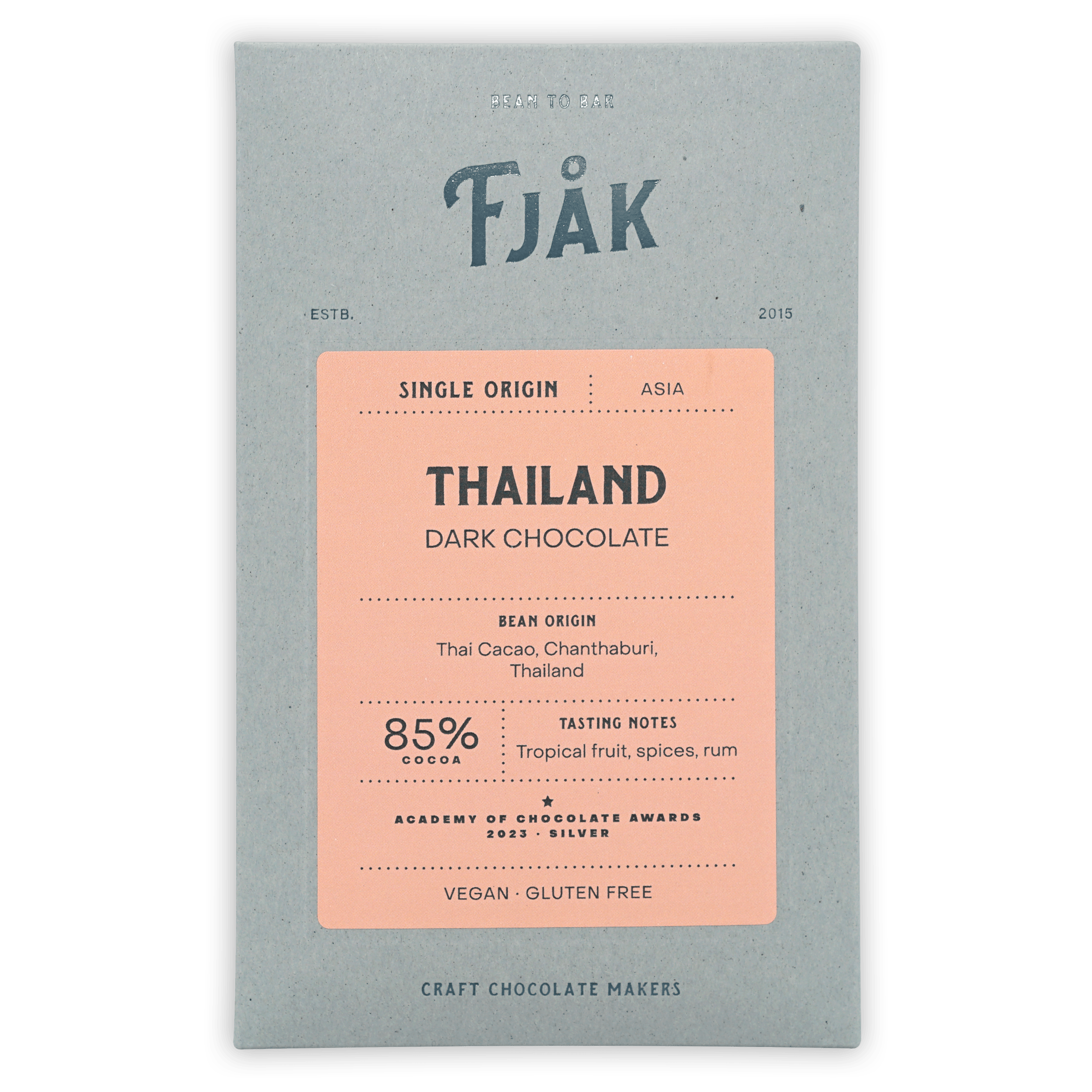 Fjåk Thailand Dark Chocolate 85% pale pink blue wrapper