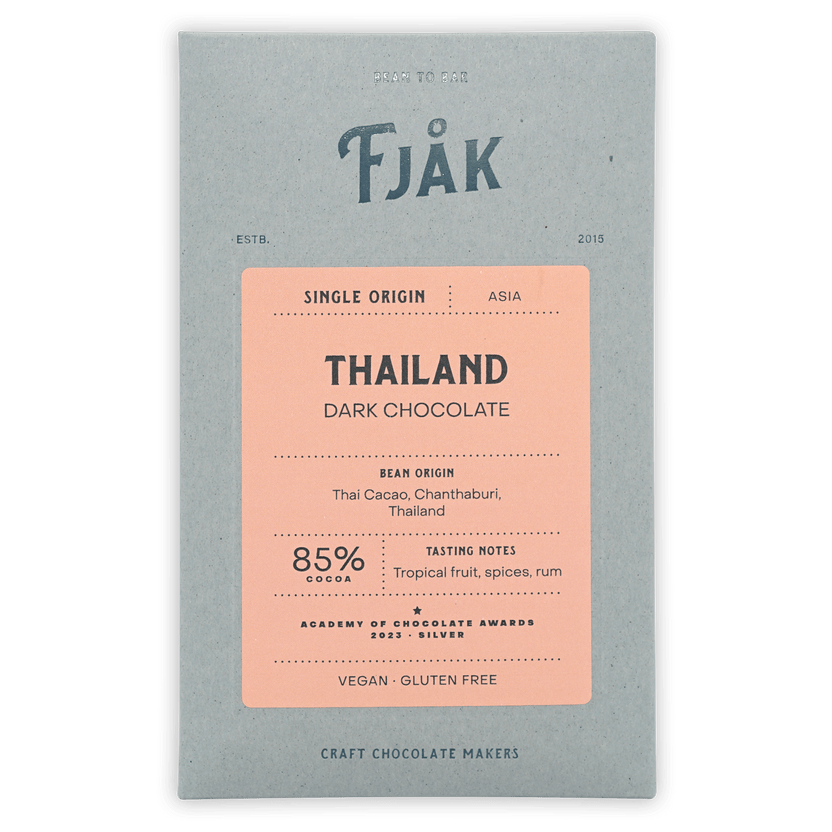 Fjåk Thailand Dark Chocolate 85% pale pink blue wrapper